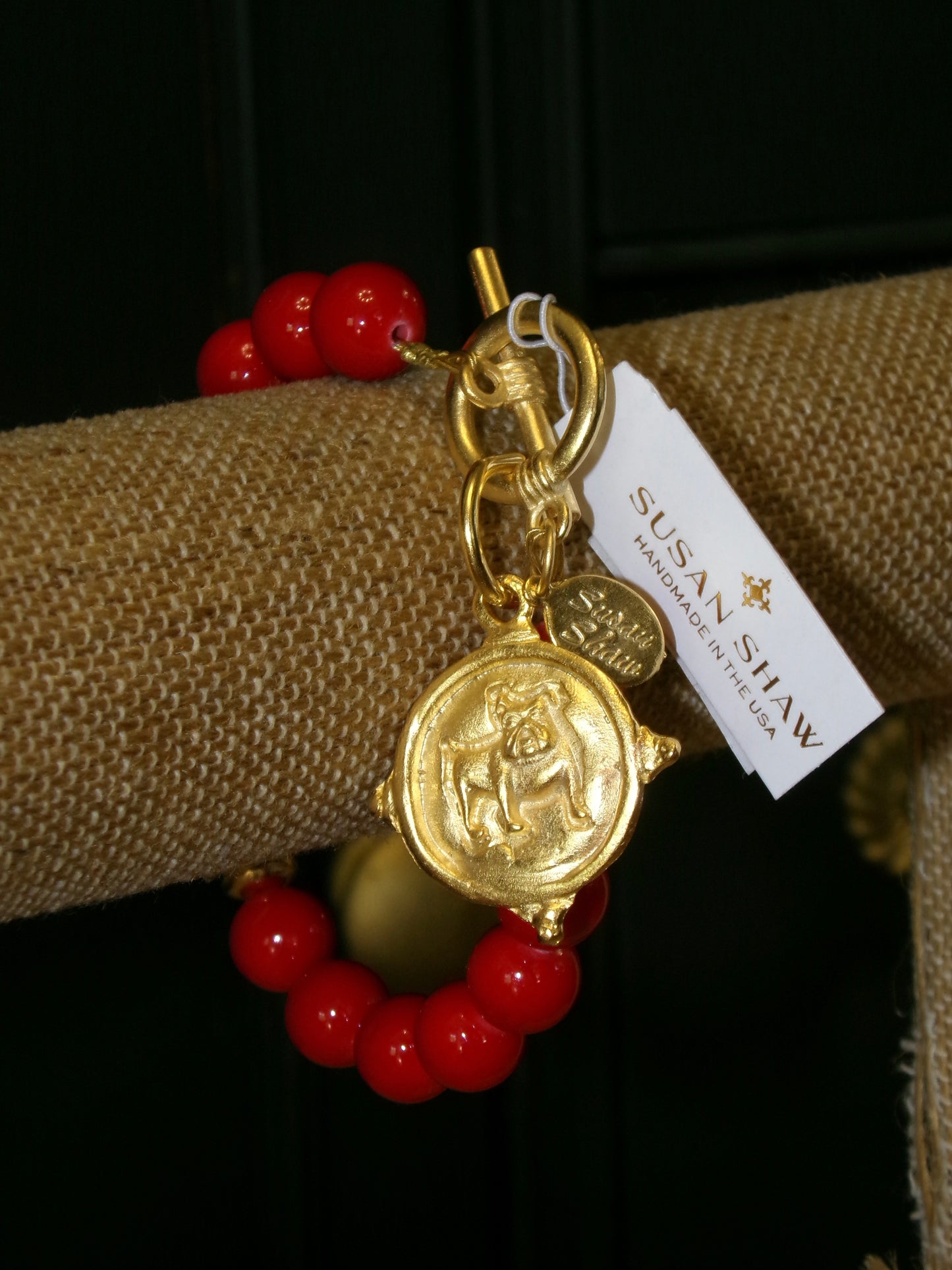 Gold Bulldog & Red Coral Beads Bracelet