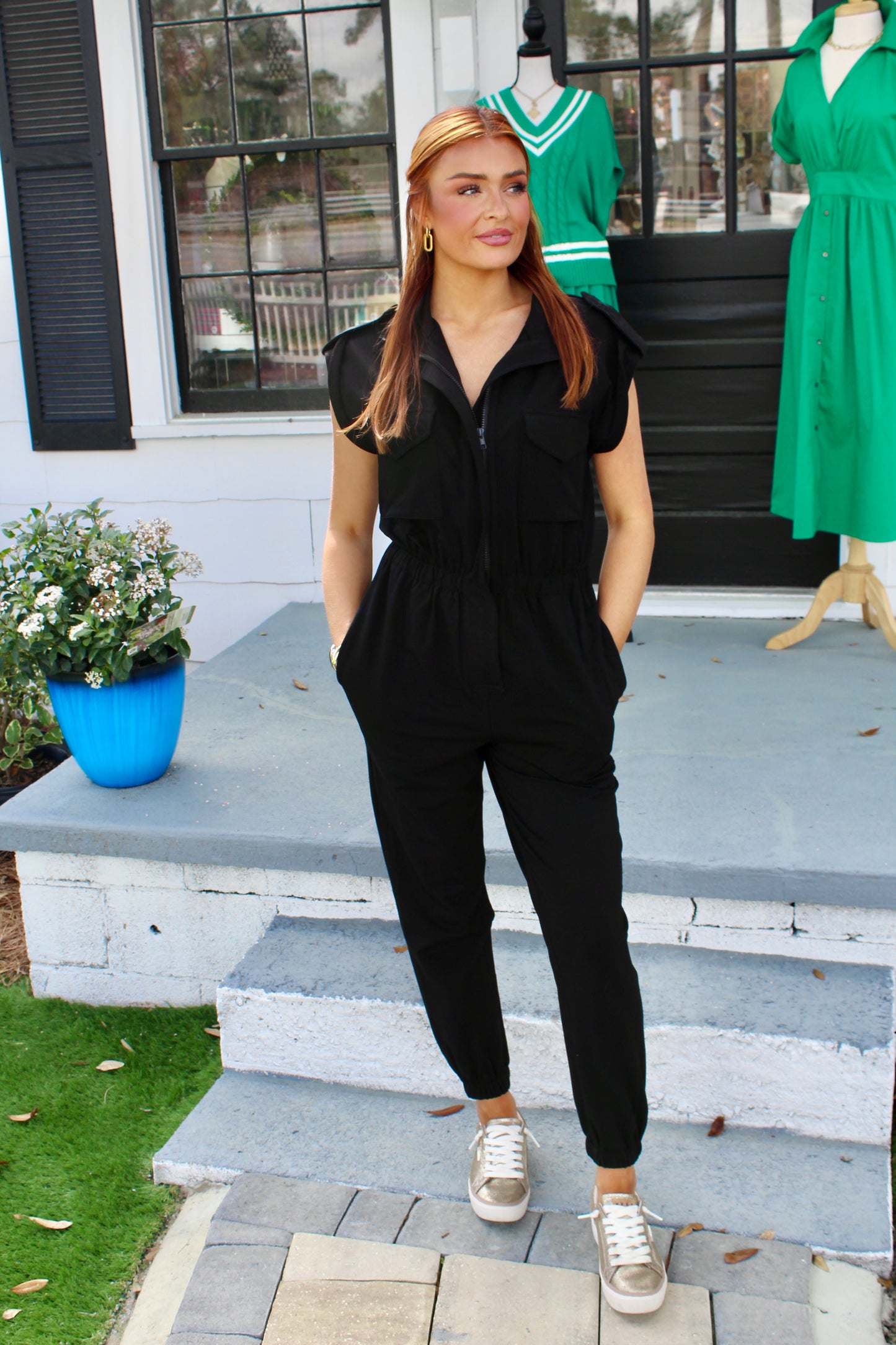Mock Neck Sleeveless Jogger Jumpsuit: Black
