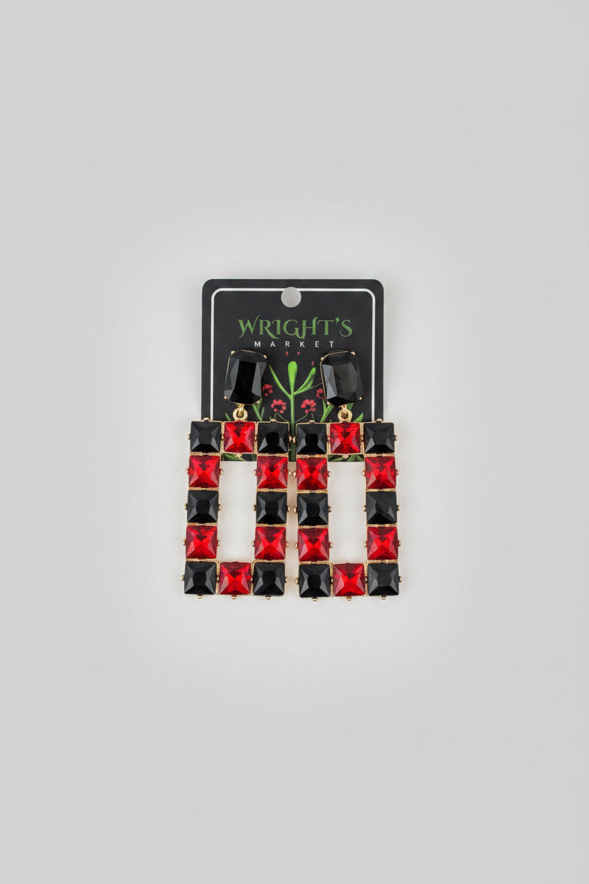 Square Crystal Rectangle Earrings Red & Black