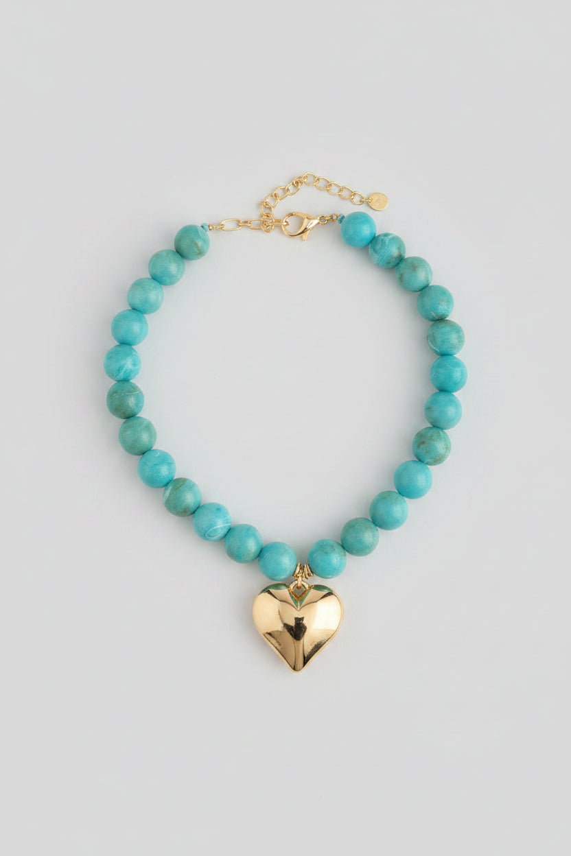 Turquoise Bead and Gold Heart Necklace