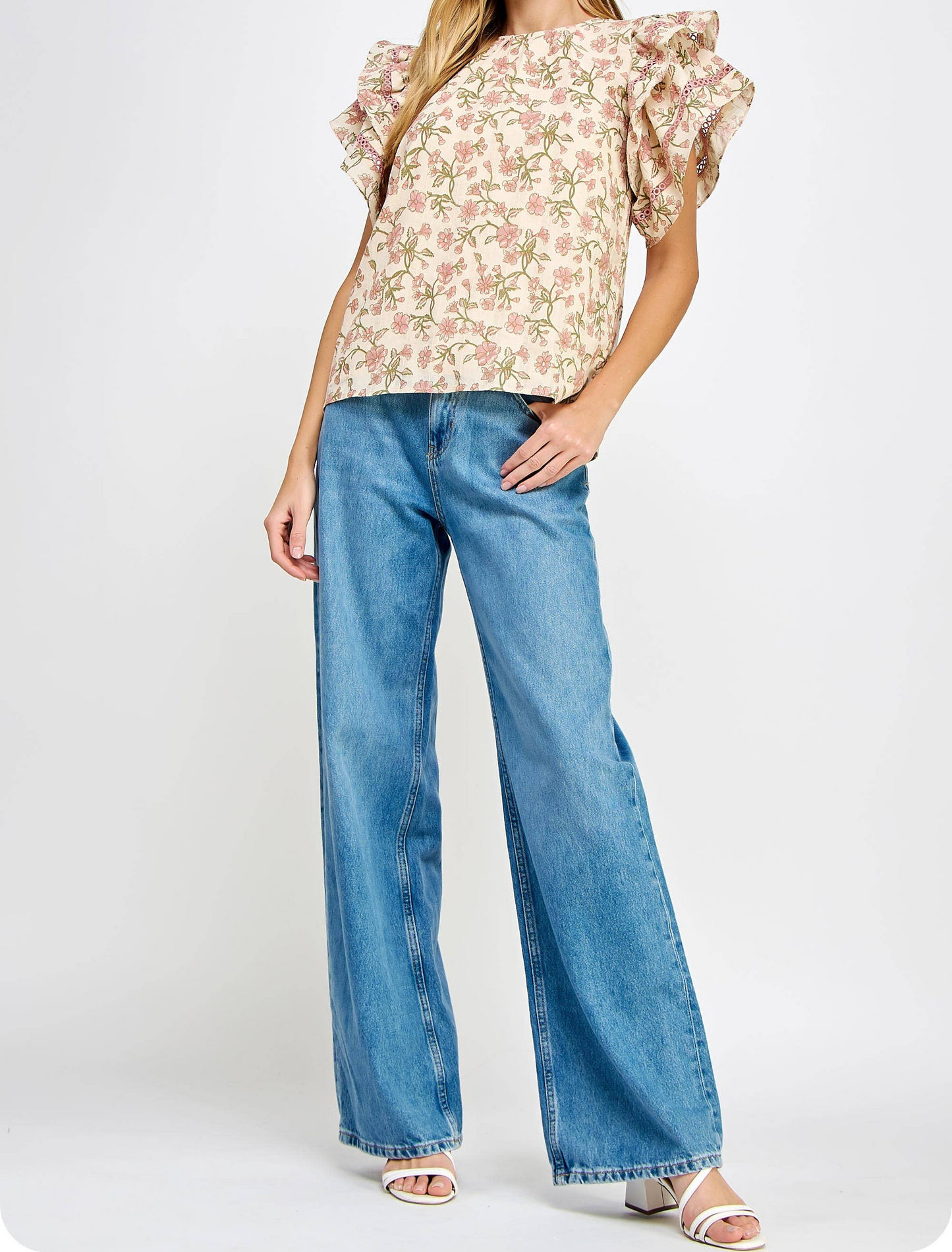 Double Layer Ruffle Sleeve Floral Top: Mauve Multi