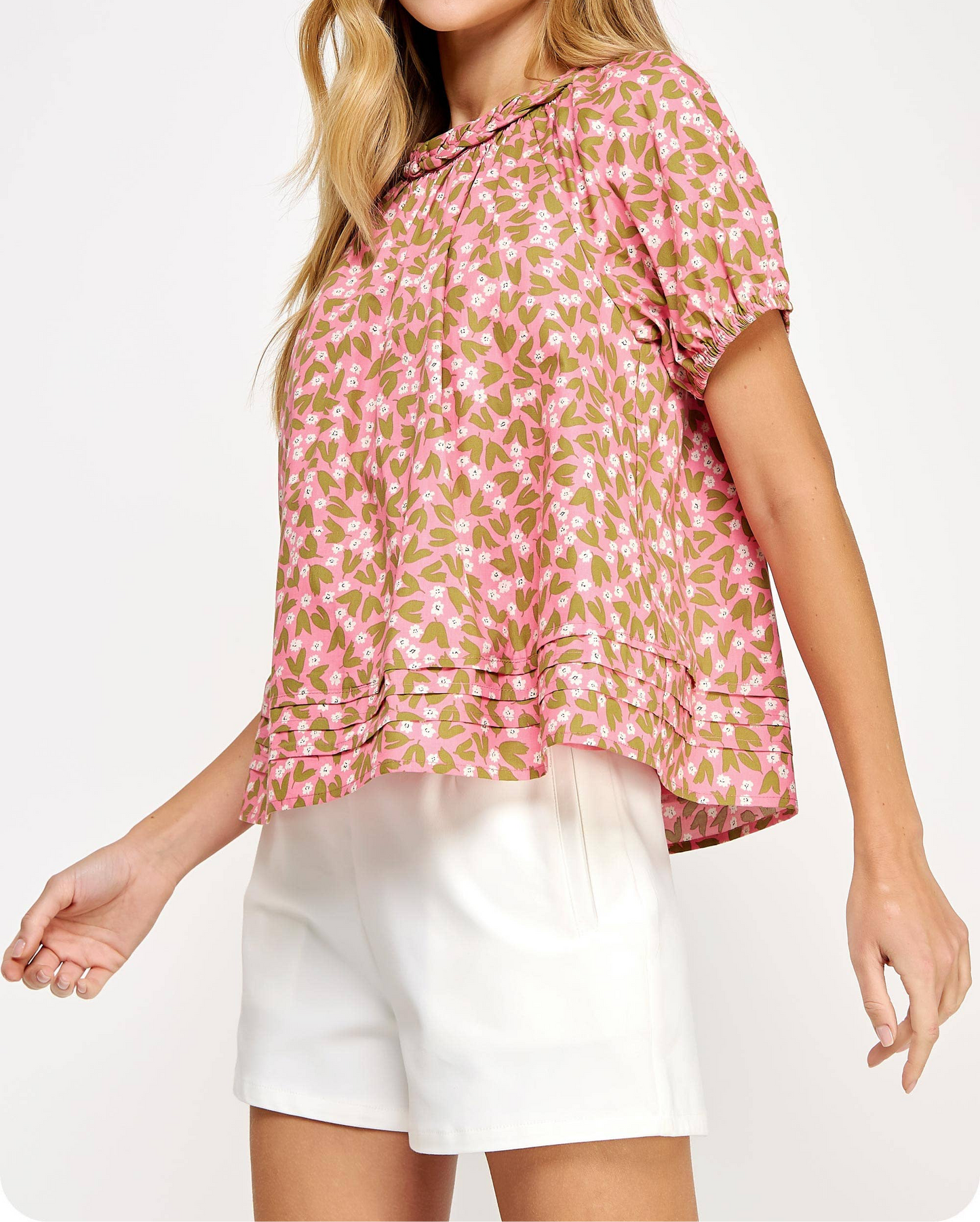 Braid Trim Floral Voile Blouse: Pink/olive