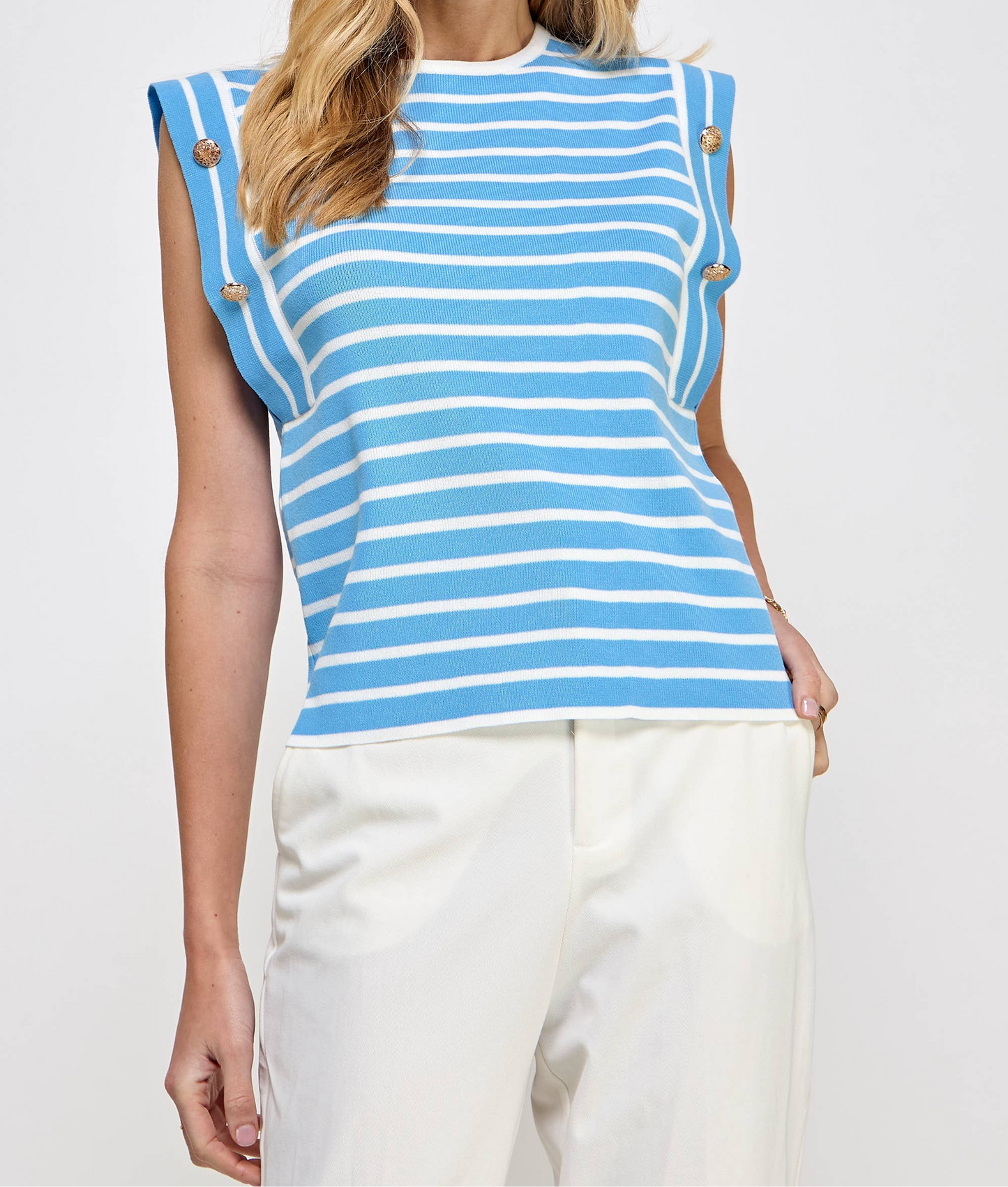 Striped Sleeveless Knit Top: Chambray/ White Stripe