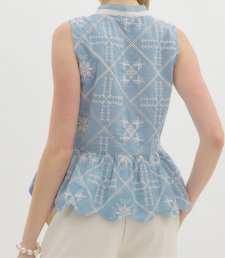Blue embroidered tank