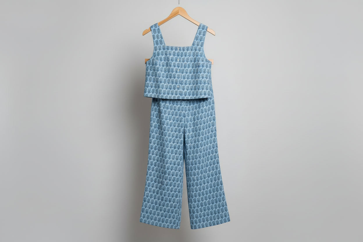 Blue Patterned Two-Piece Pant Set