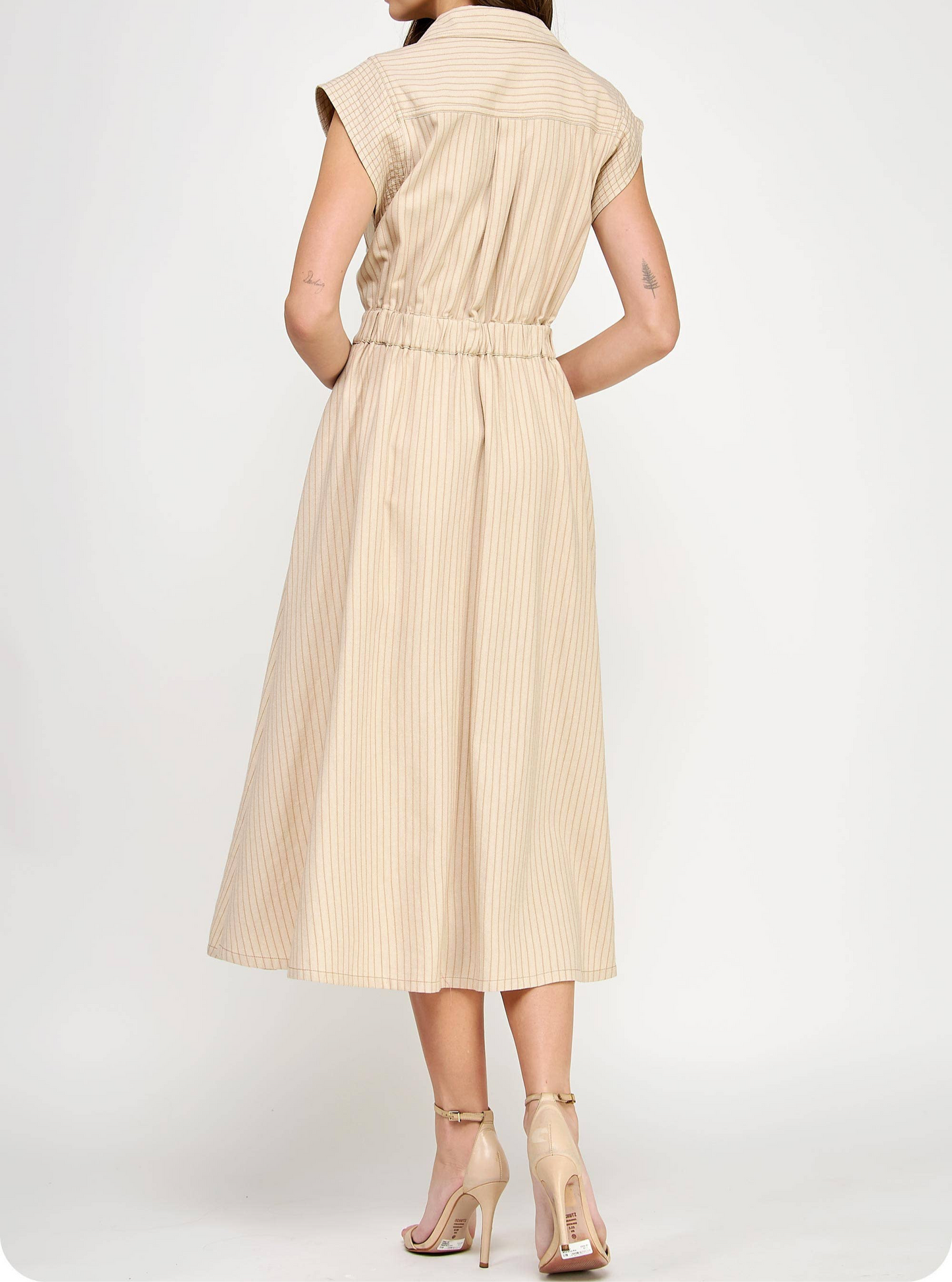 Top-Stitch Sleeveless Stripe Midi Dress: Taupe /