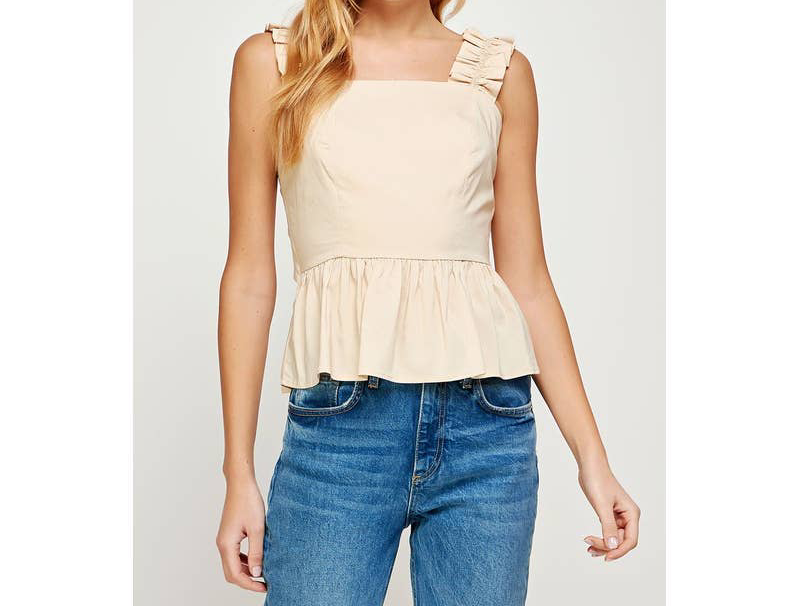 Peplum Back Tie Poplin Top: Oatmeal