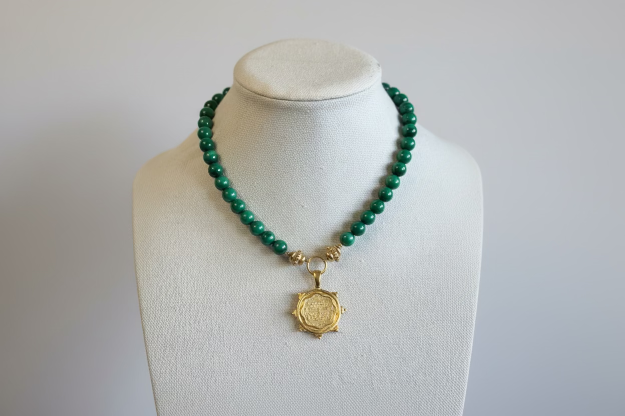 Susan Shaw Malta Bee Coin Pendant on Malachite Necklace