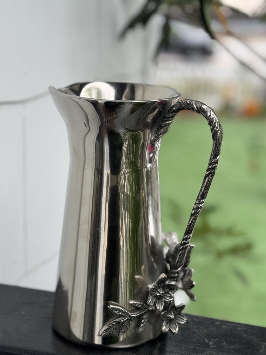 9.75" Silver Nickel Water Pitcher w/ Bird & Twigs