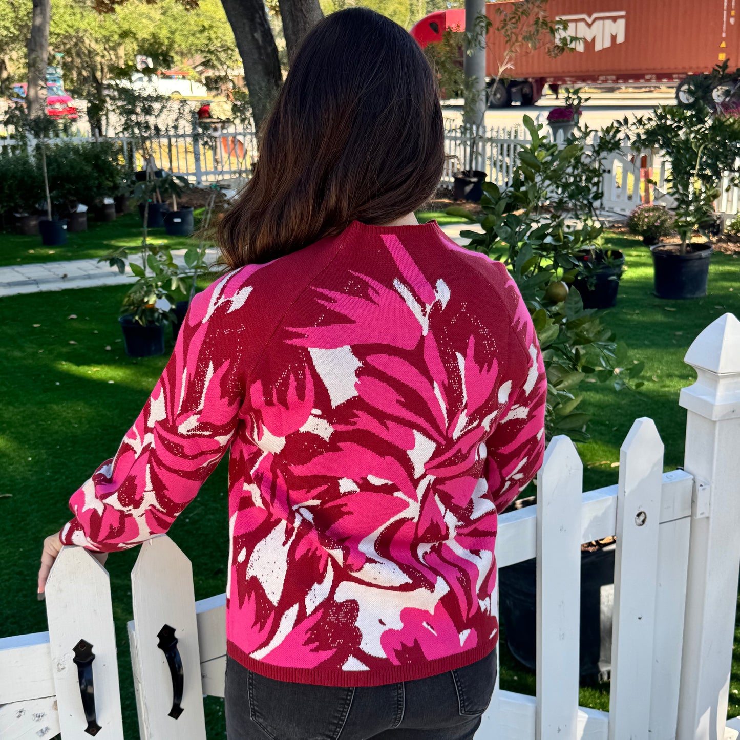 High Neck Raglan Floral Sweater Top