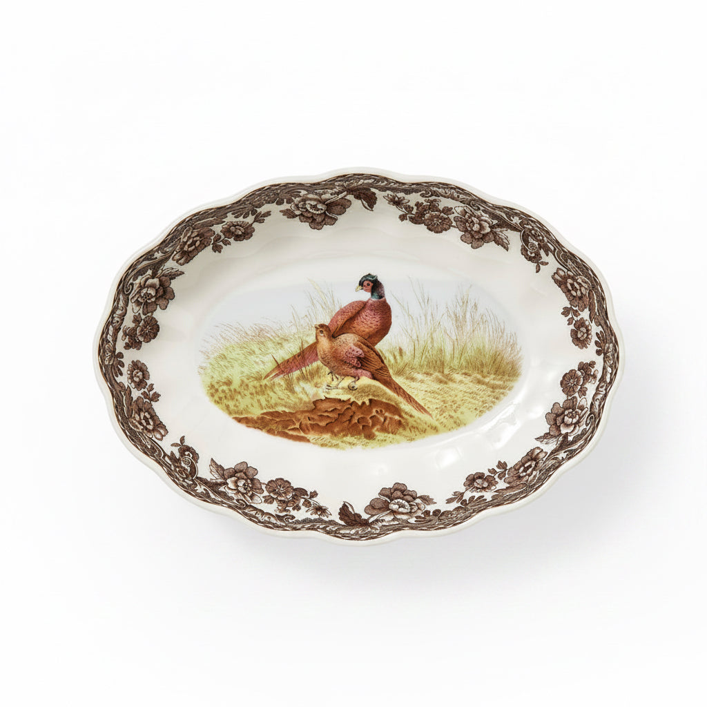 Spode Woodland Pheasant Oval Fluted Dish 6"