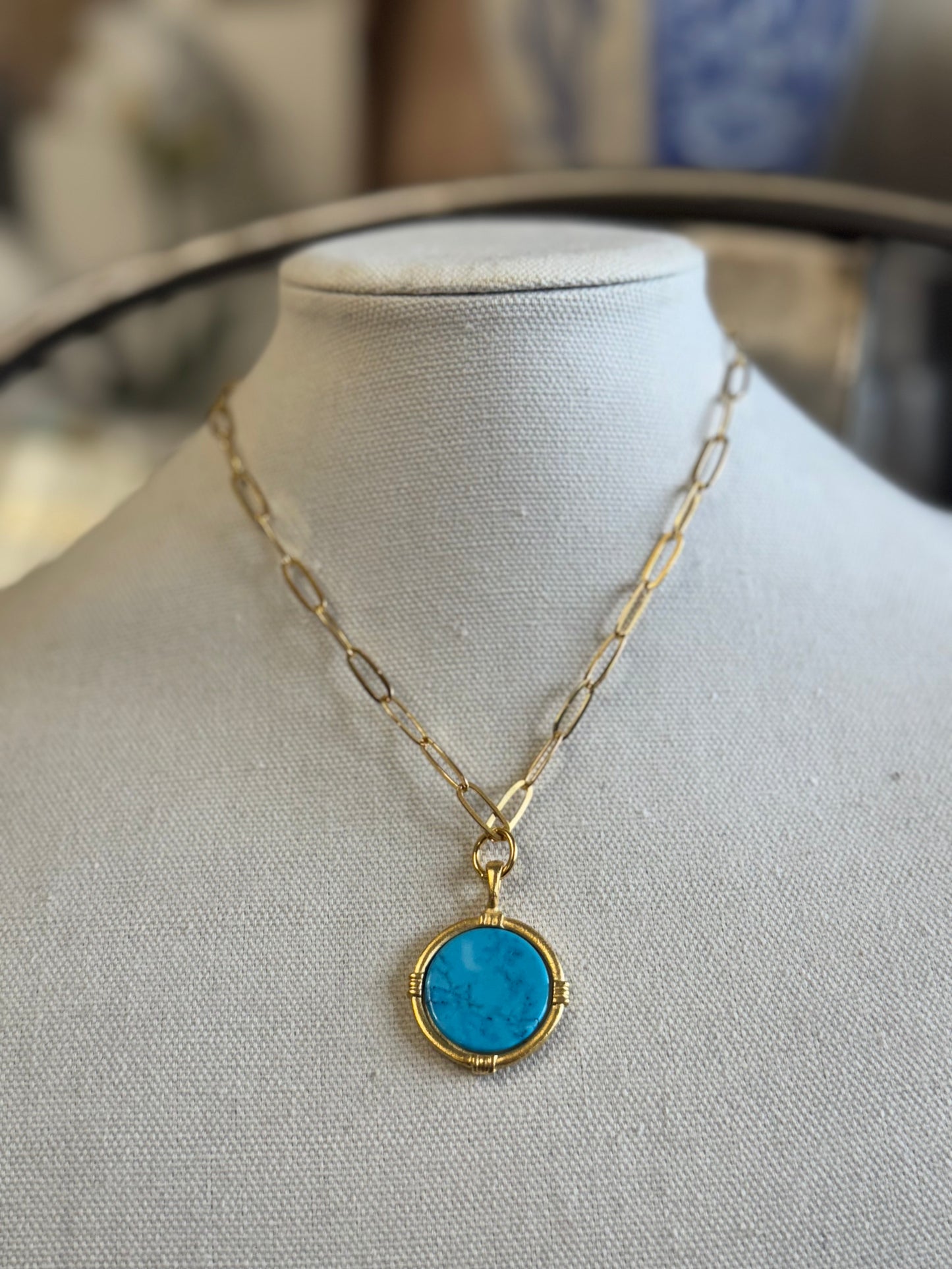 Gold Round Turquoise Necklace