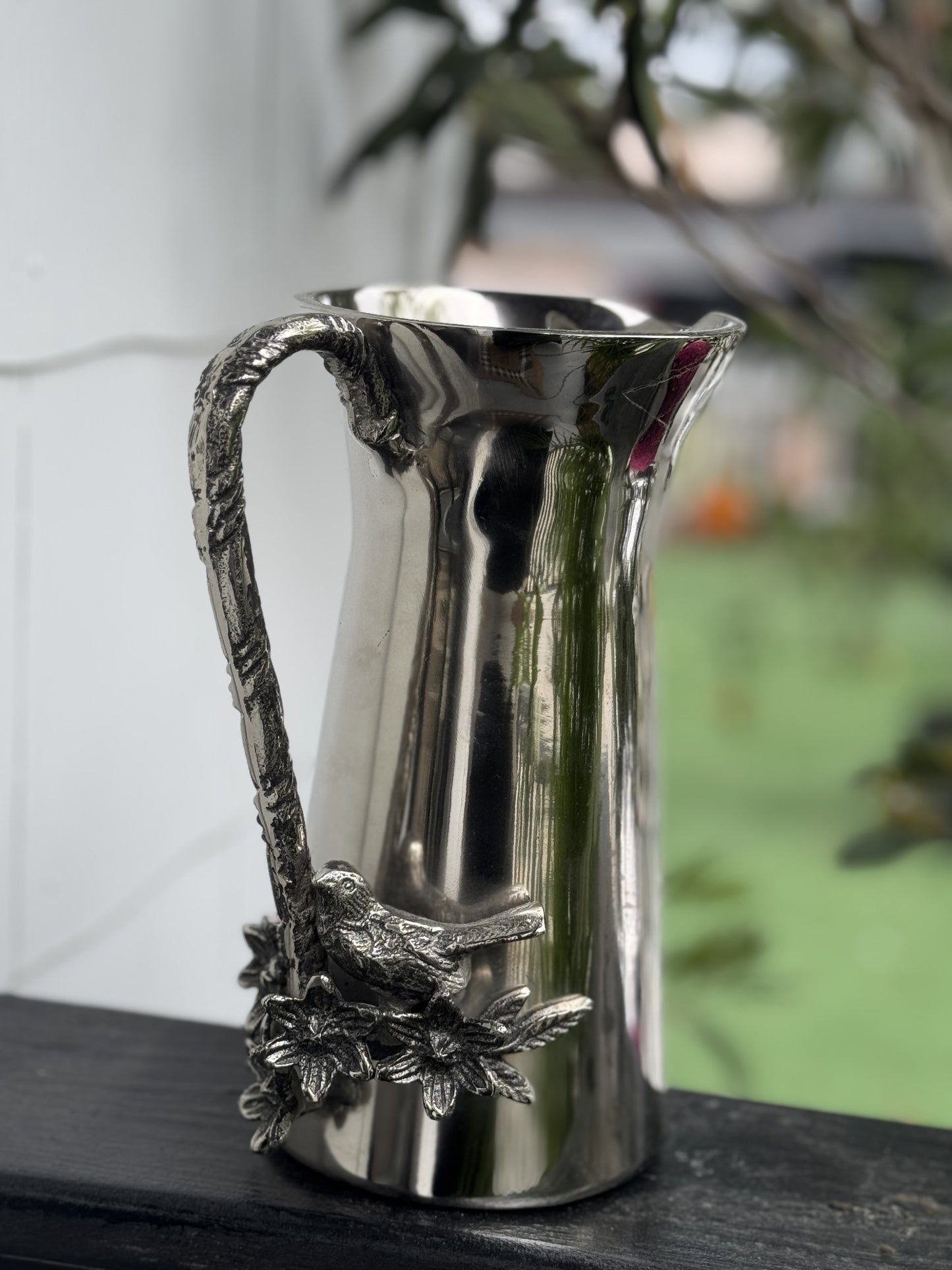 9.75" Silver Nickel Water Pitcher w/ Bird & Twigs
