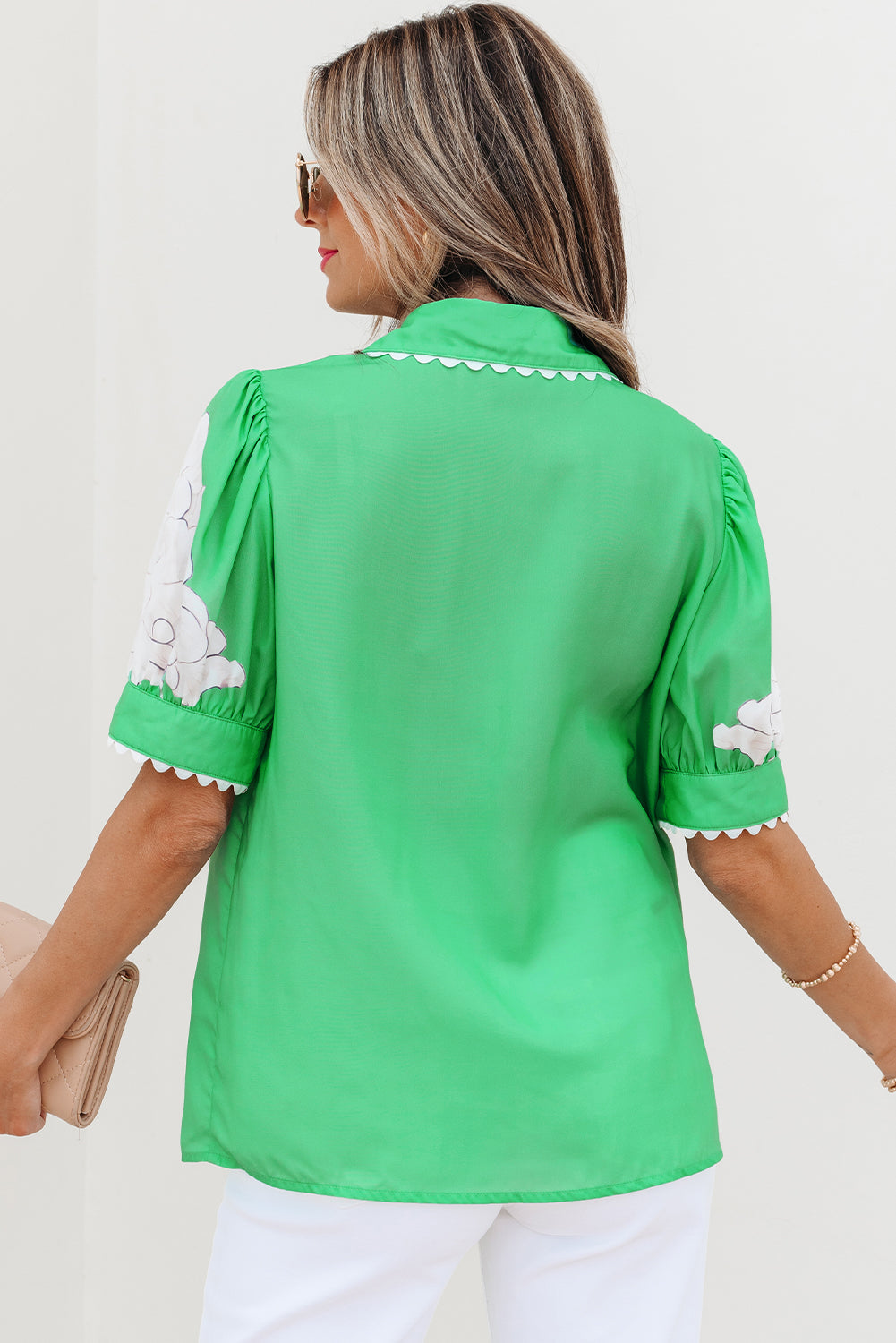 Floral Ric Rac Edge Puff Sleeve Button Up Summer Shirt
