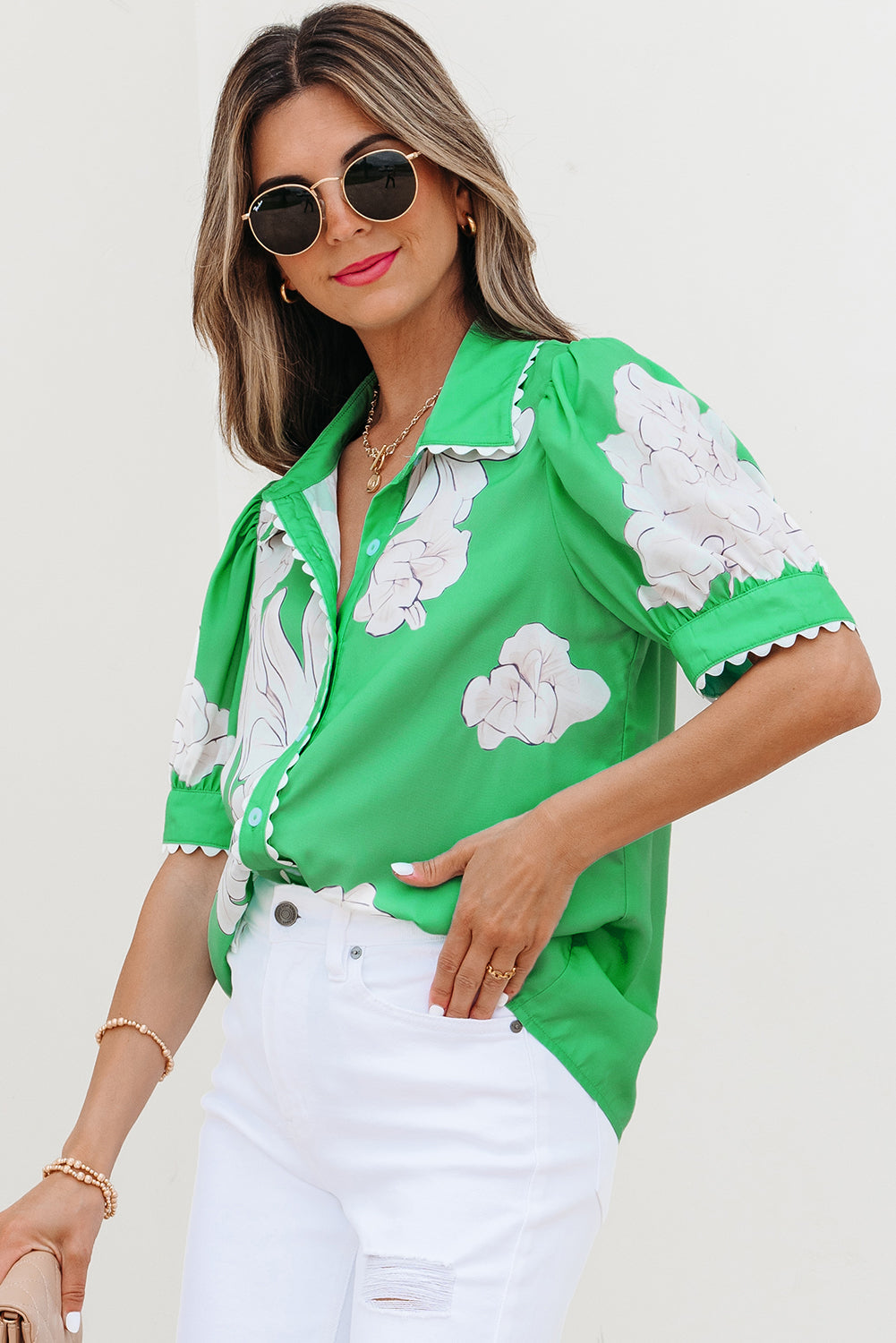 Floral Ric Rac Edge Puff Sleeve Button Up Summer Shirt