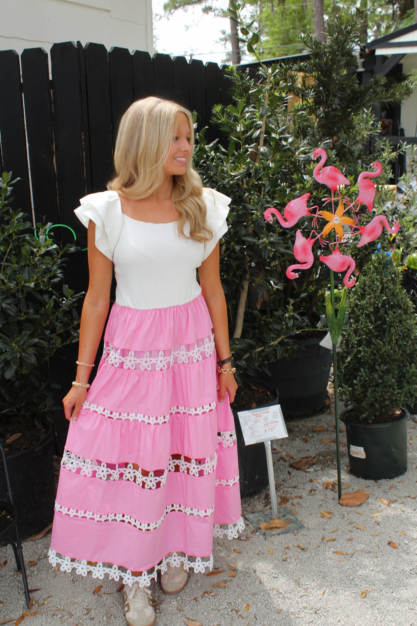 Mixed Media Lace Trim Detail Midi Dress: Pink/off White