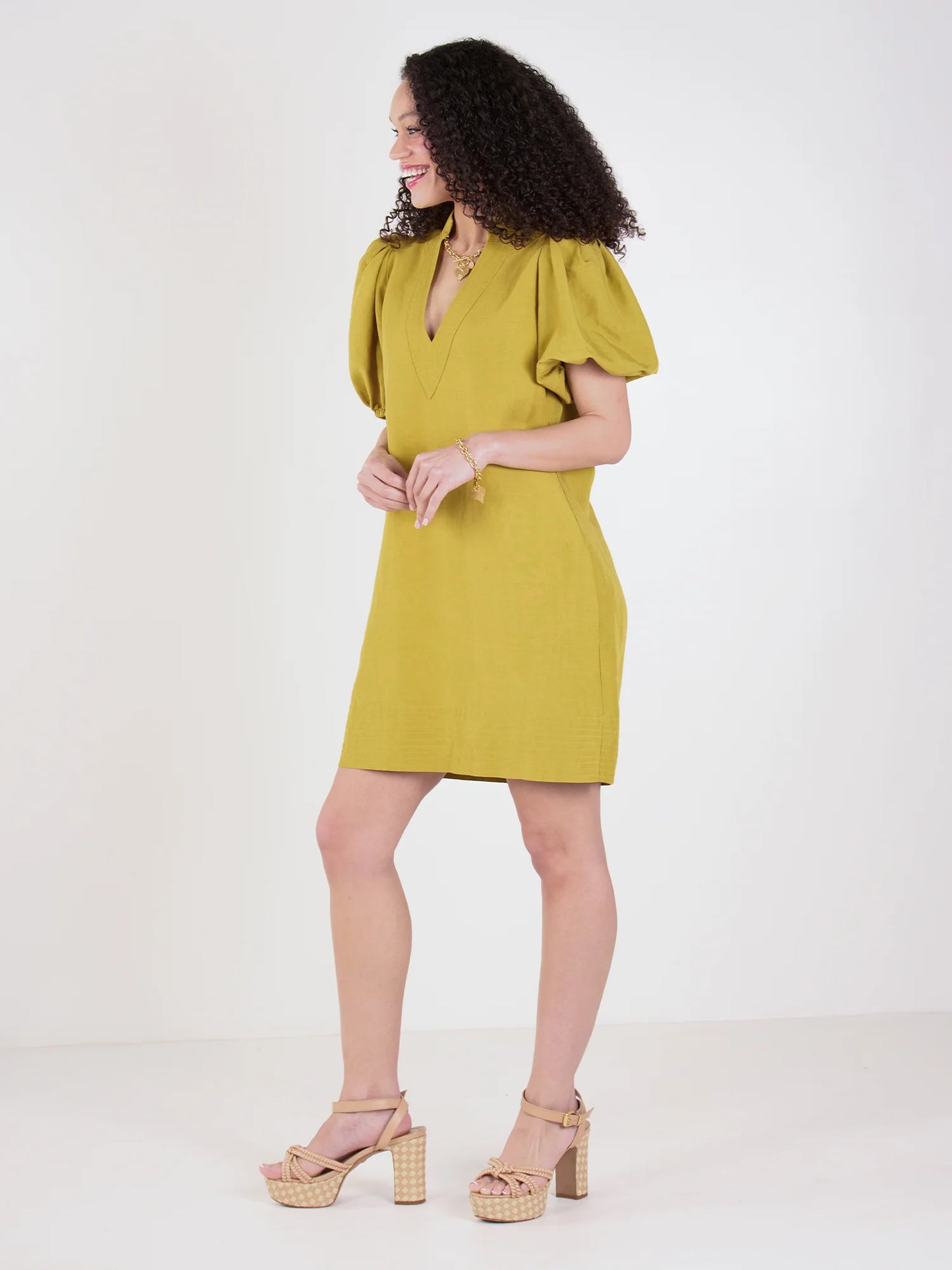 Emily McCarthy- Golden Hour Linen, Hampton Mini dress in Golden Olive color