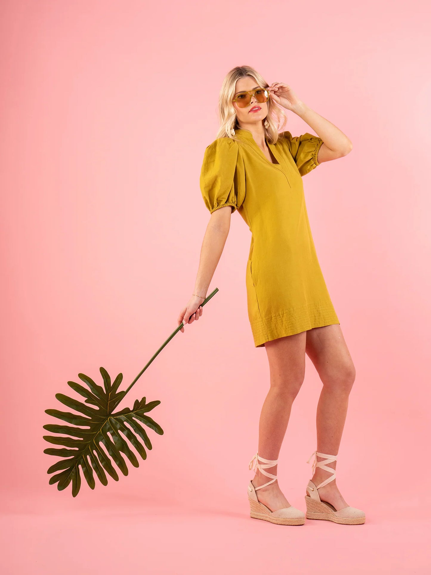 Emily McCarthy- Golden Hour Linen, Hampton Mini dress in Golden Olive color
