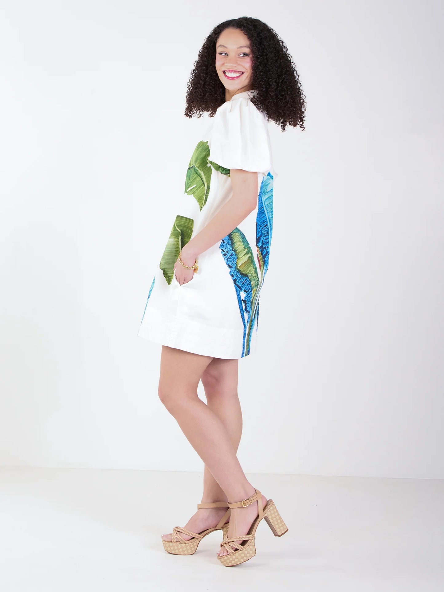 Emily McCarthy-Bellamy Leaves, linen Hampton mini dress