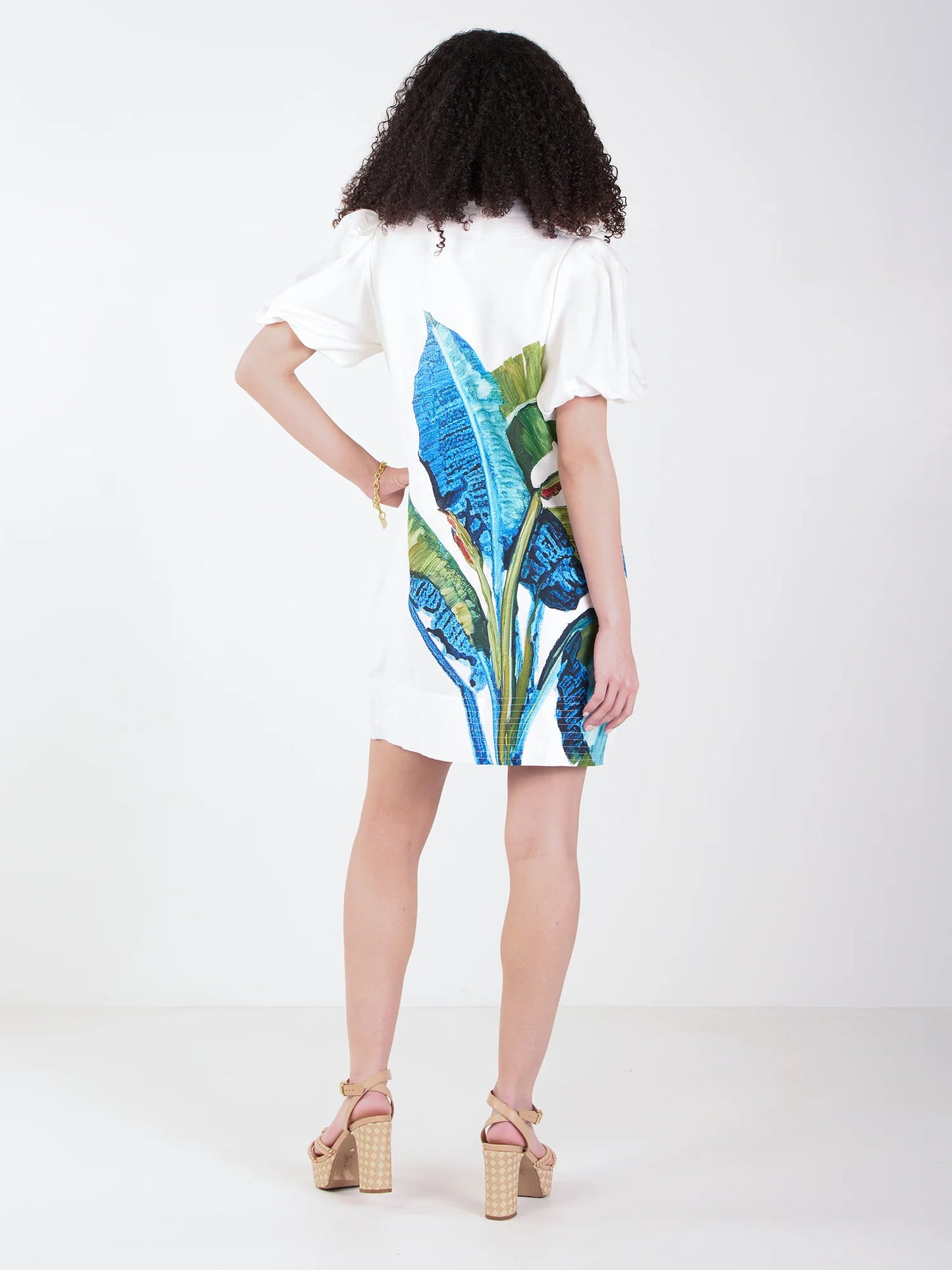 Emily McCarthy-Bellamy Leaves, linen Hampton mini dress