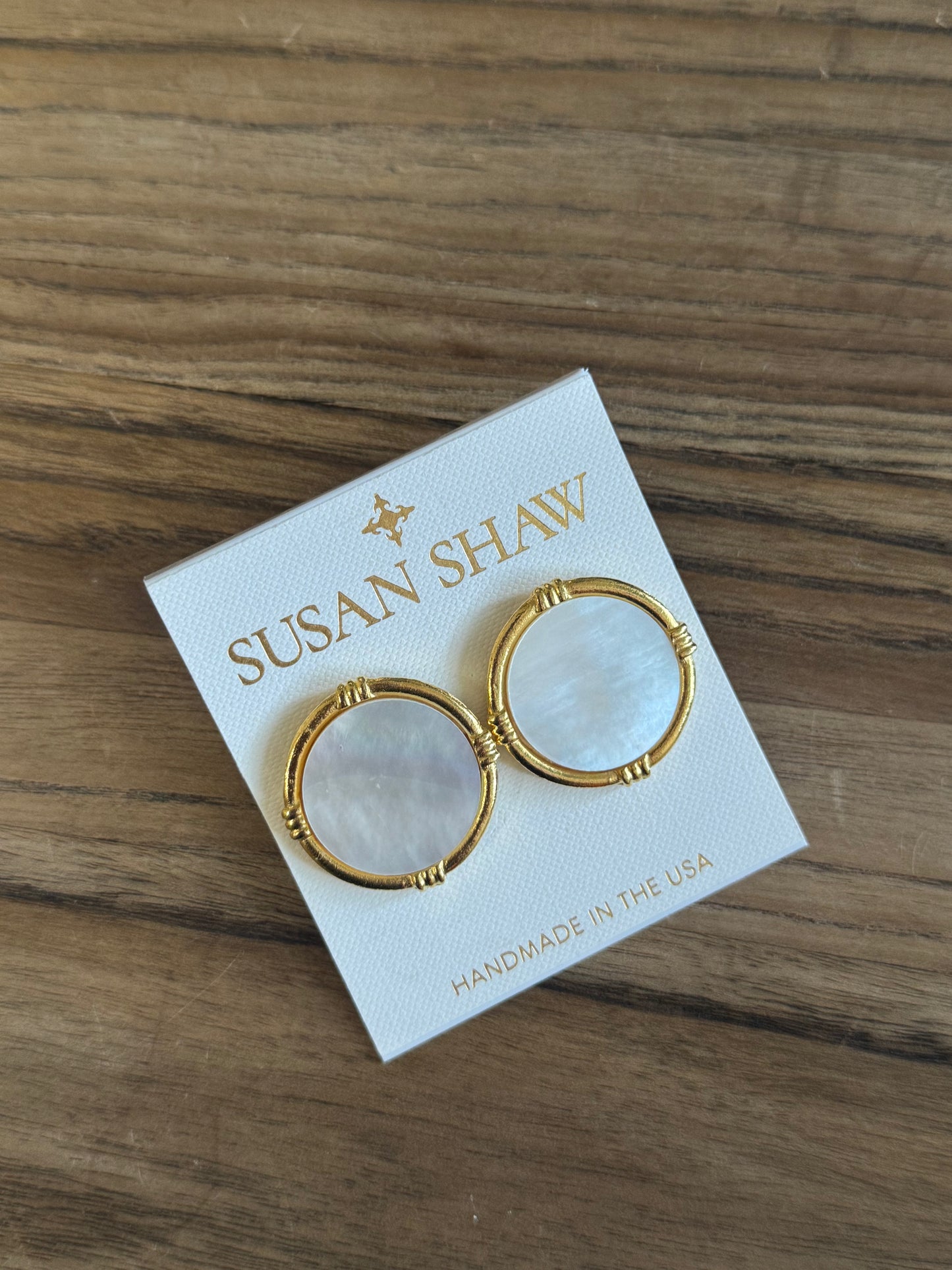 Gold Round Mother of Pearl Post Earrings