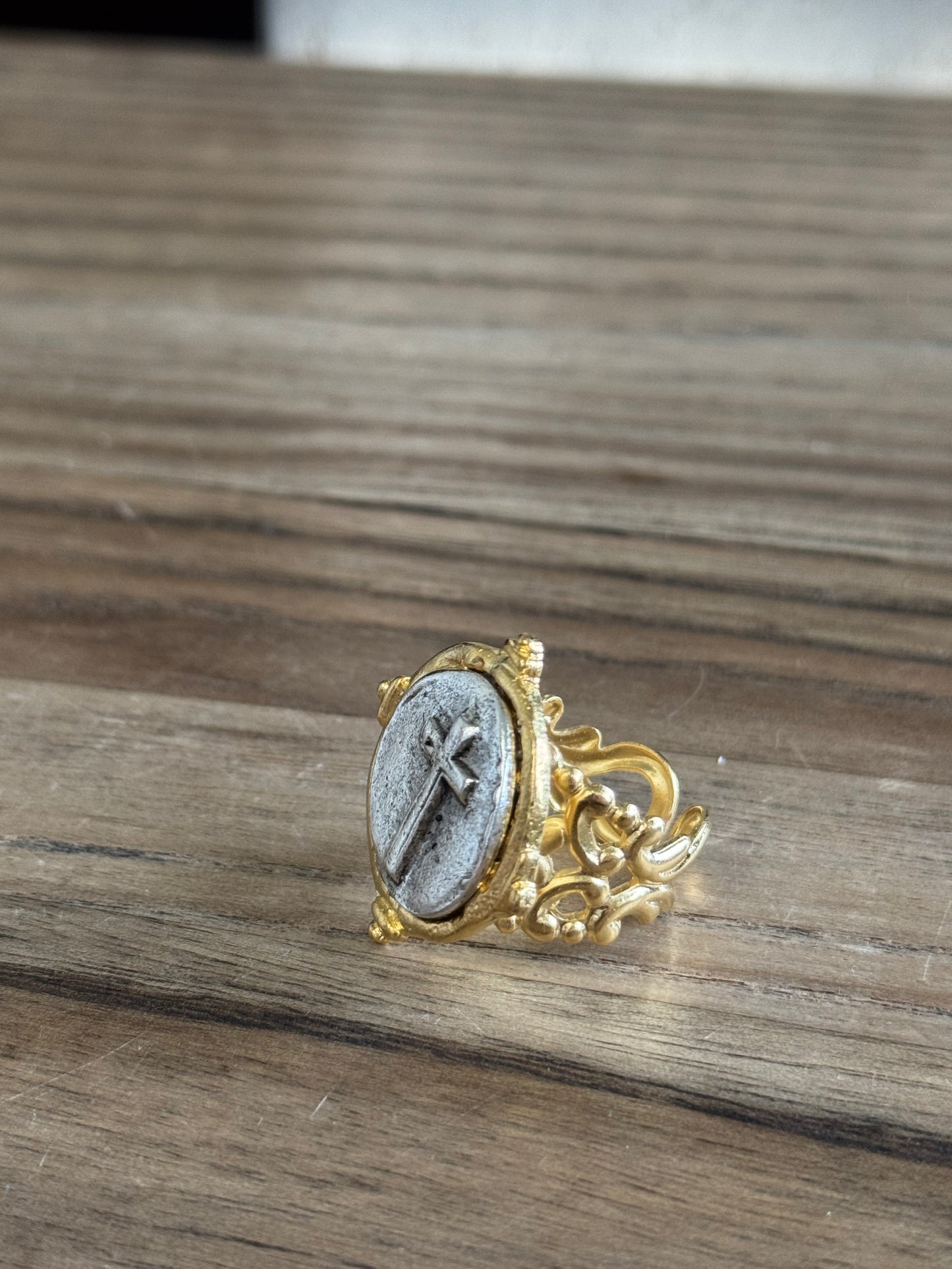 Handcast Gold & Silver Cross Ring