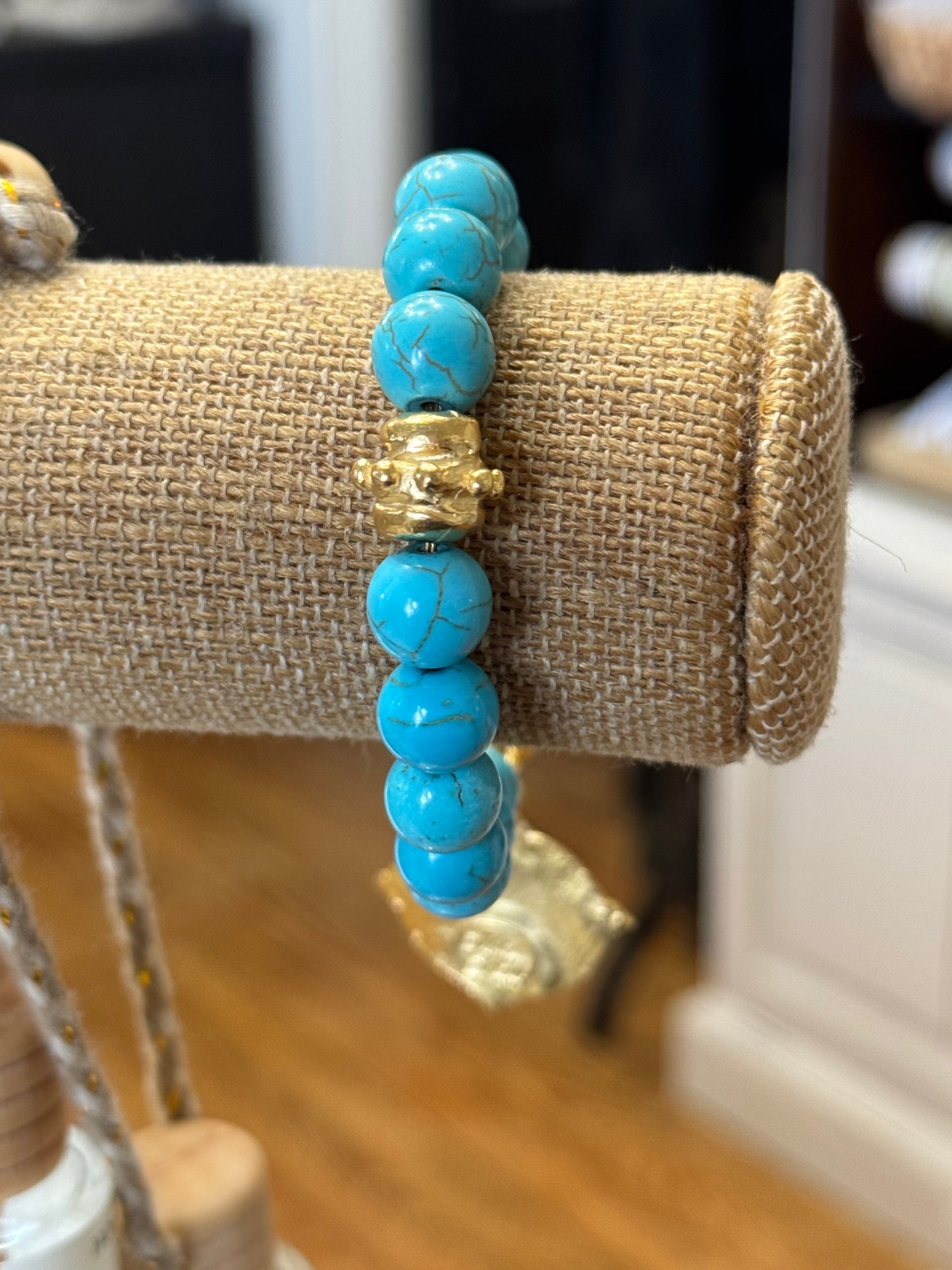 Hand-Cast Gold Bee & Turquoise Beads Bracelet
