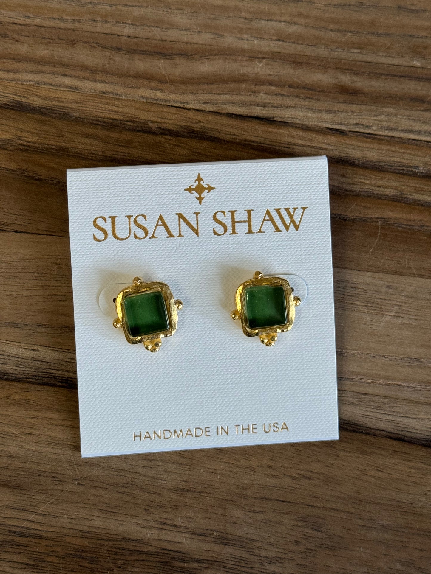 Gold Square Emerald French Glass Stud Earrings