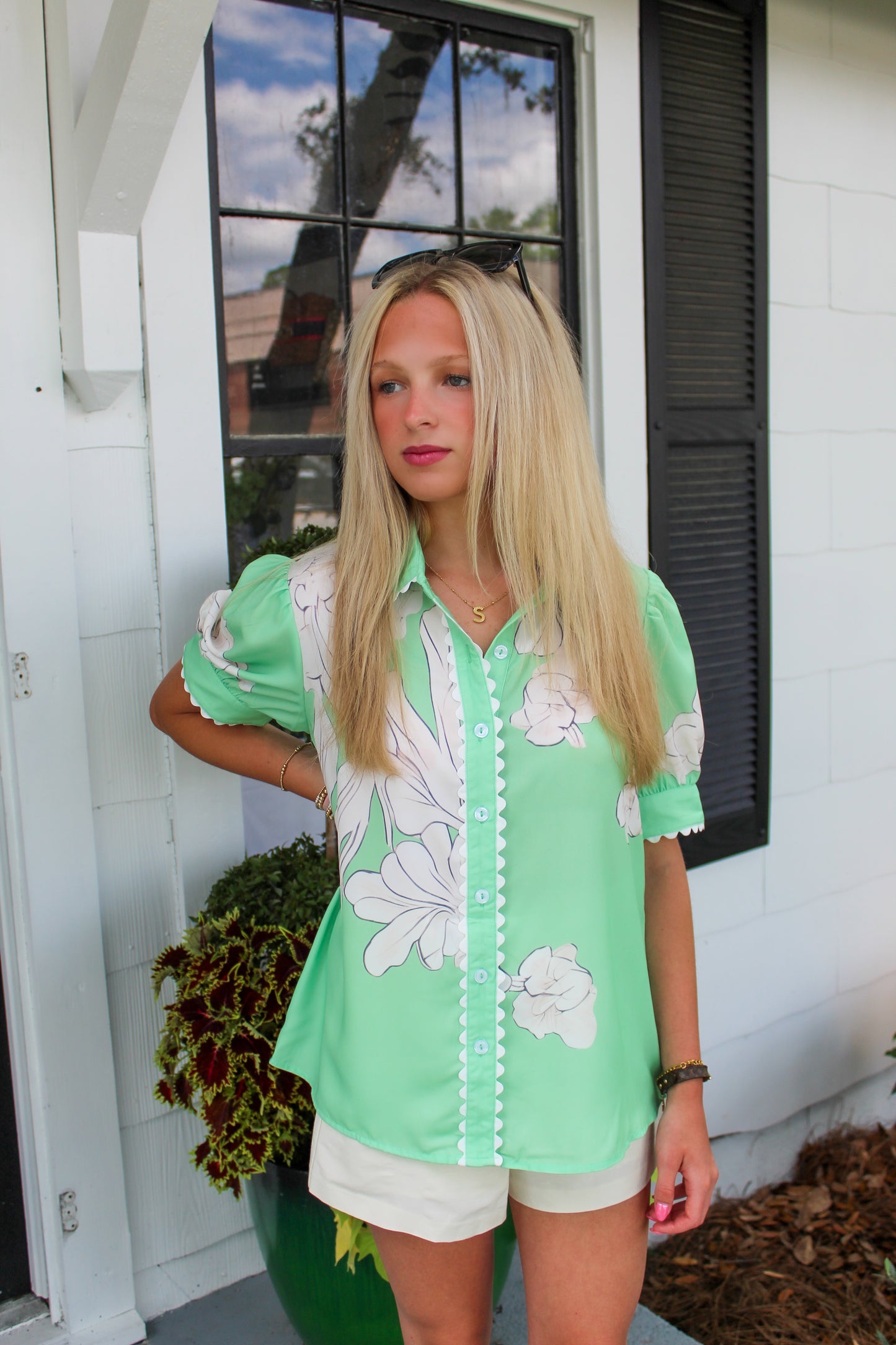 Floral Ric Rac Edge Puff Sleeve Button Up Summer Shirt