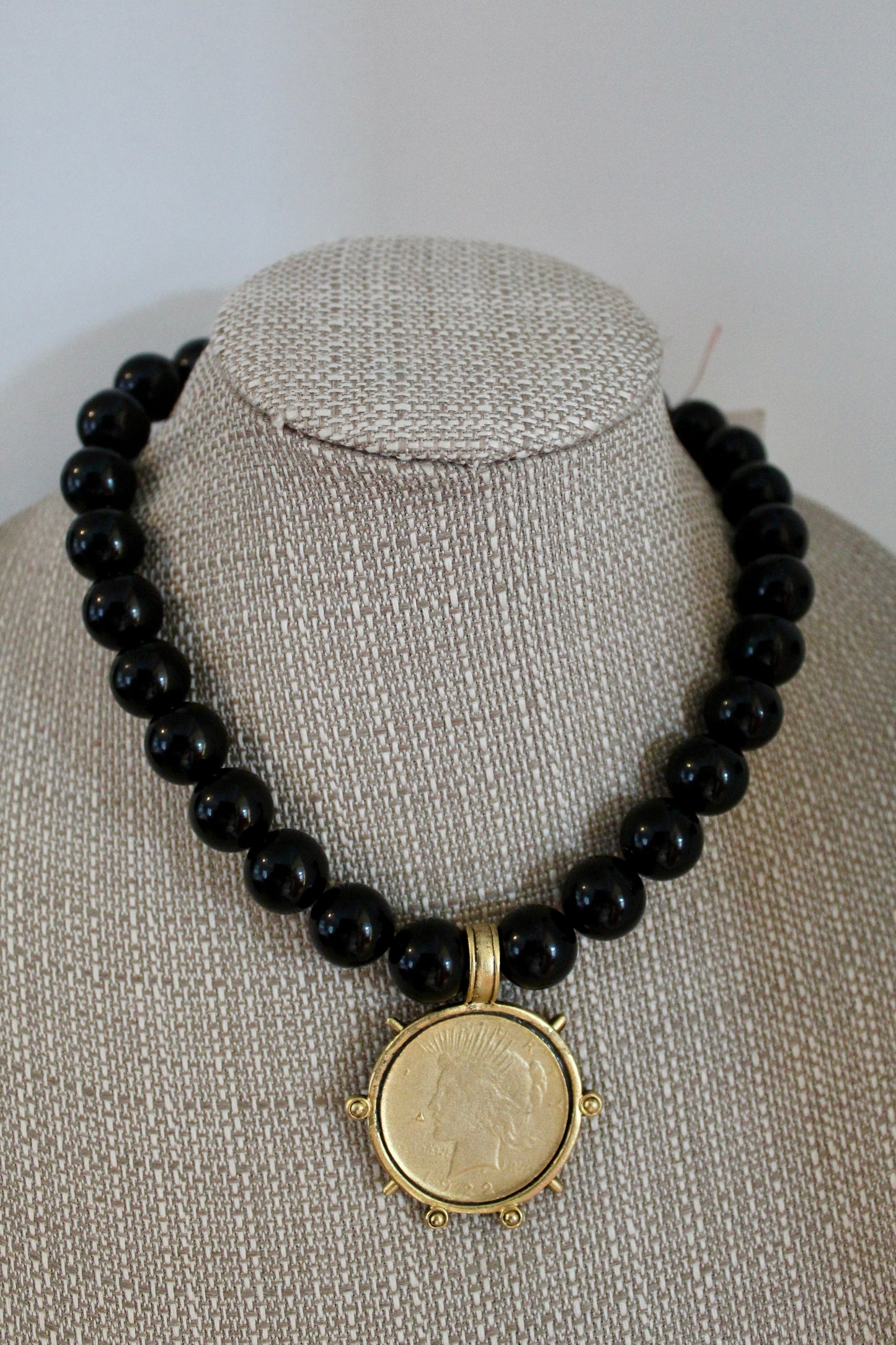 Yochi Black Bead Coin Necklace