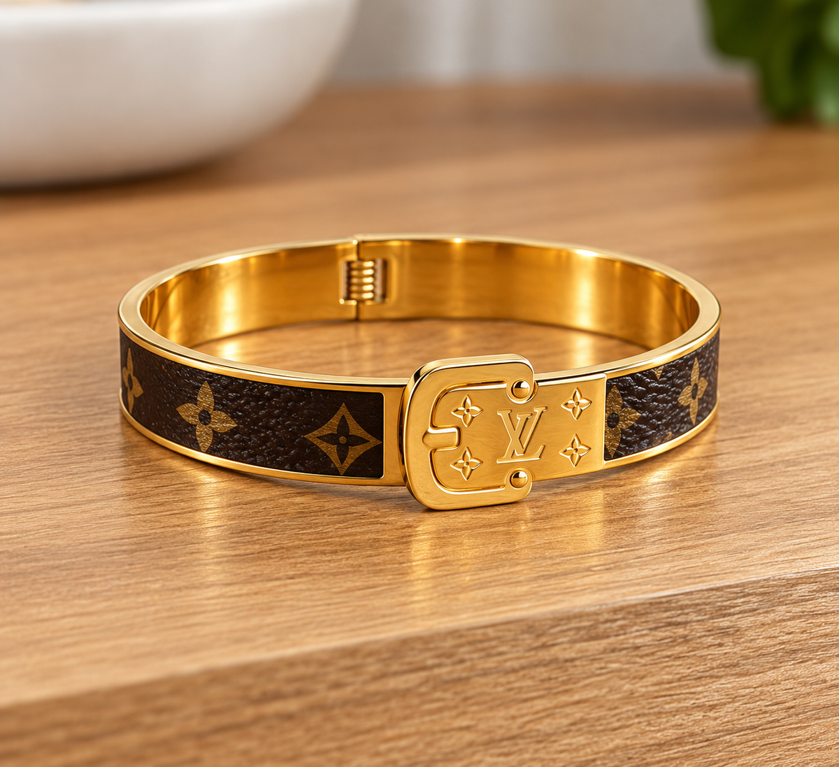 Louis Vuitton-Inspired Brown Monogram Buckle Bangle