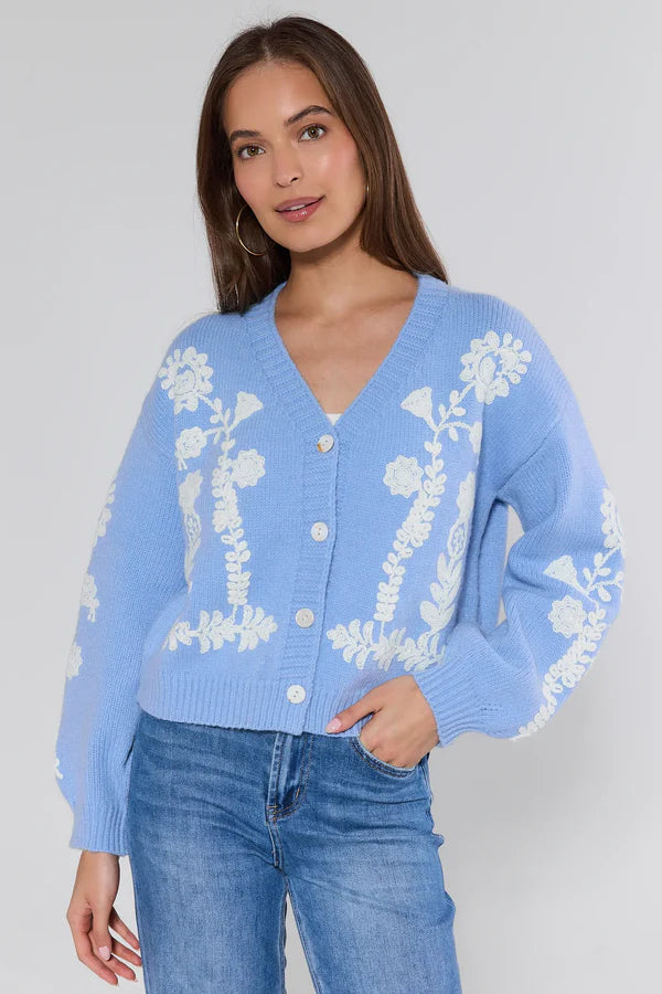 Floral Embroidered Cardigan – Light Blue
