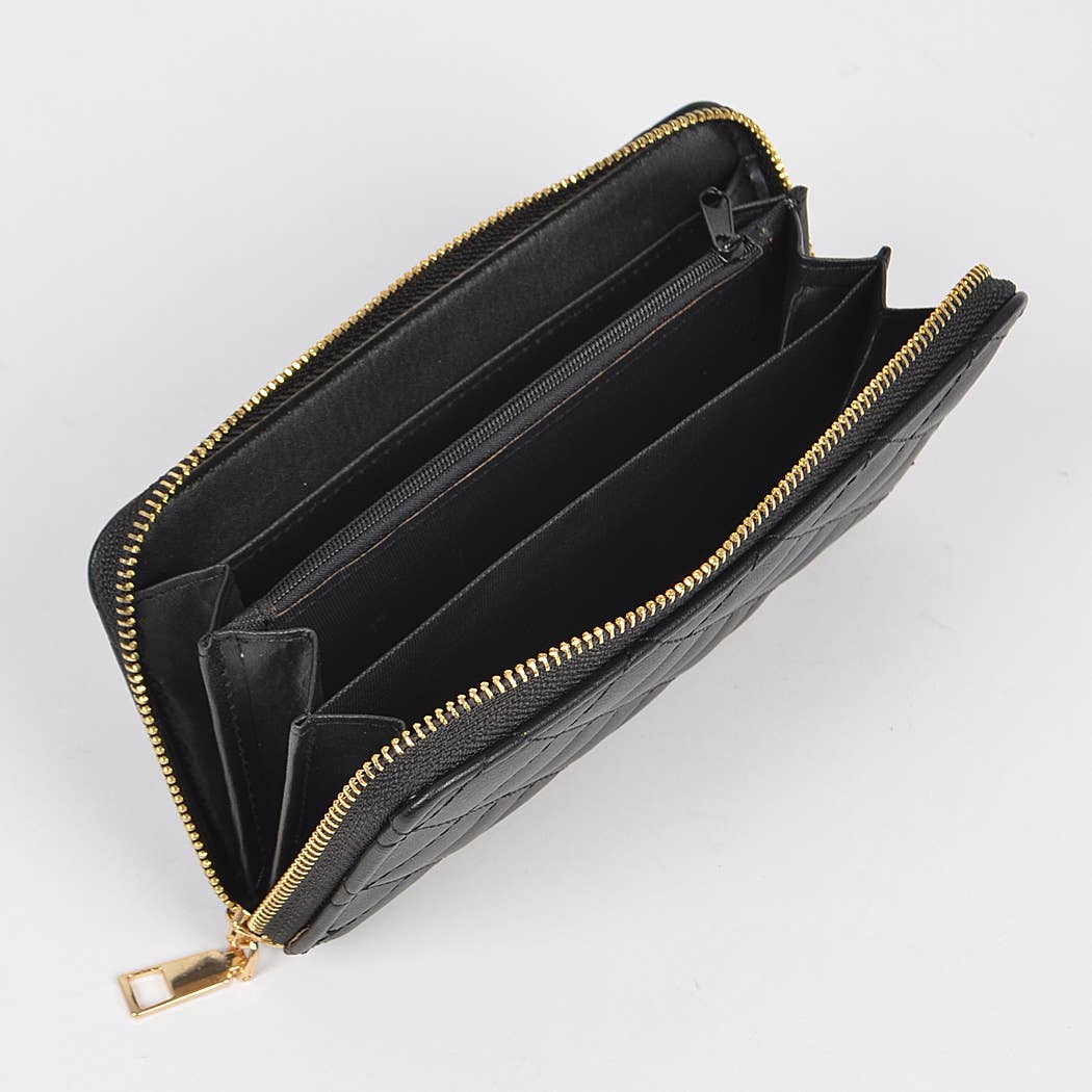 Faux Pearl Long Strap Crossbody Large Wallet: Black
