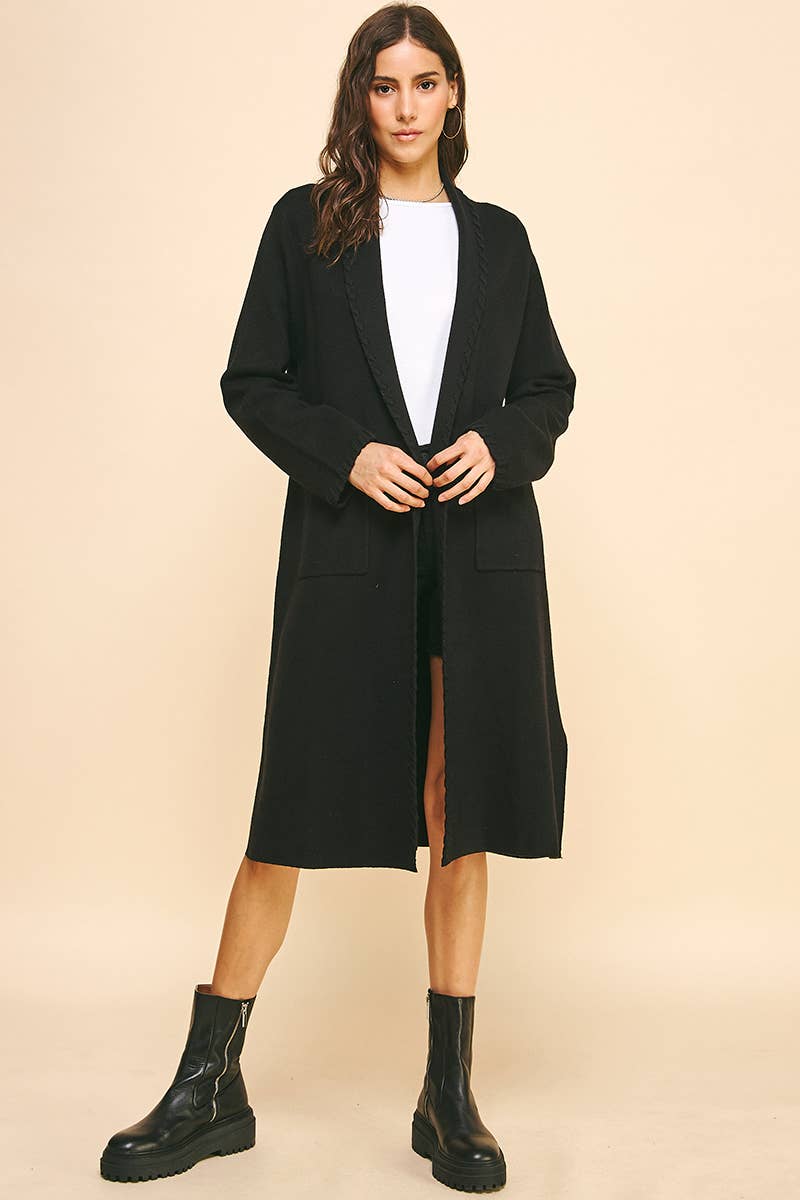 EDGE DETAIL OPEN KNIT CARDIGAN IN BLACK