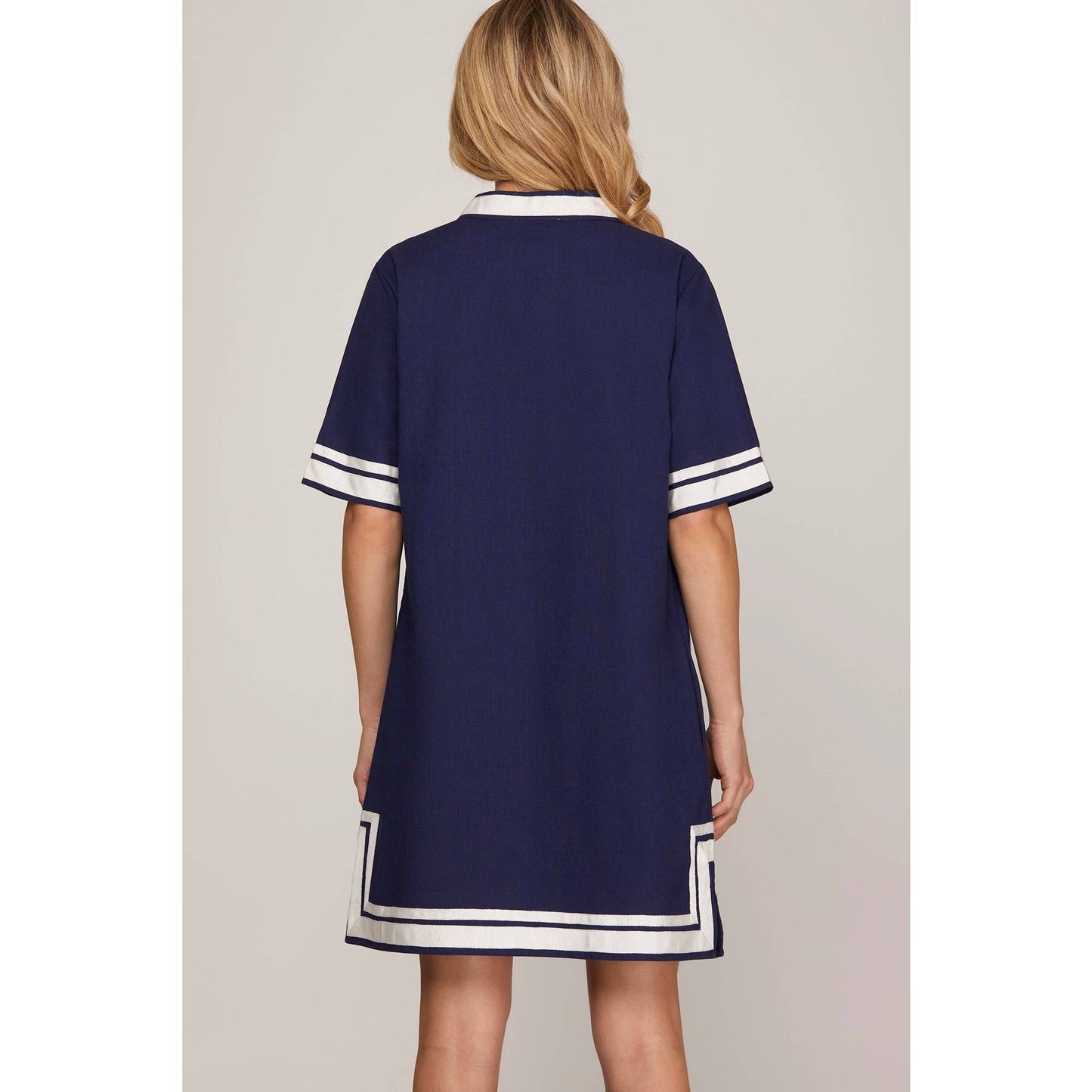 Navy Short Sleeve Contrast Trim Linen Dress