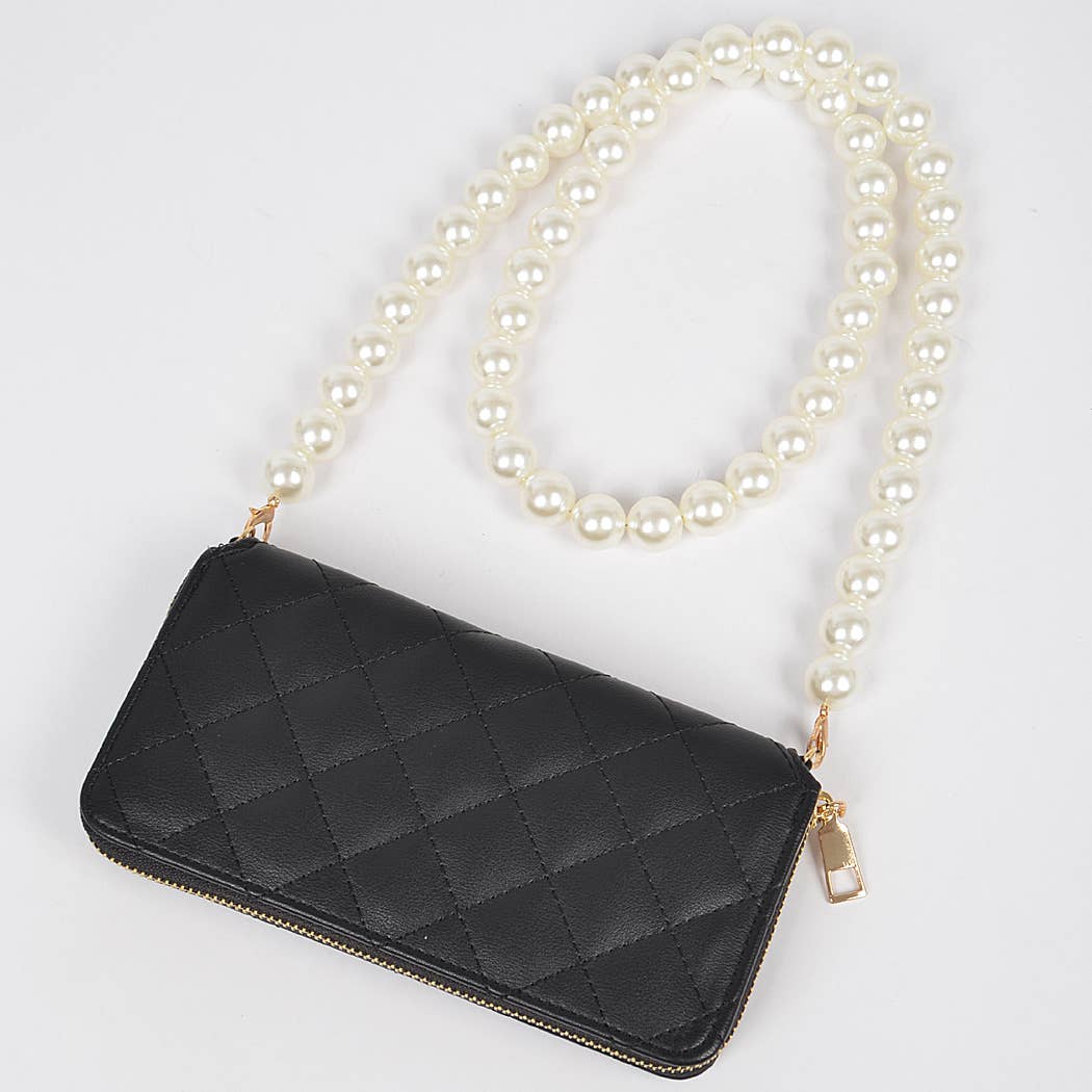 Faux Pearl Long Strap Crossbody Large Wallet: Black