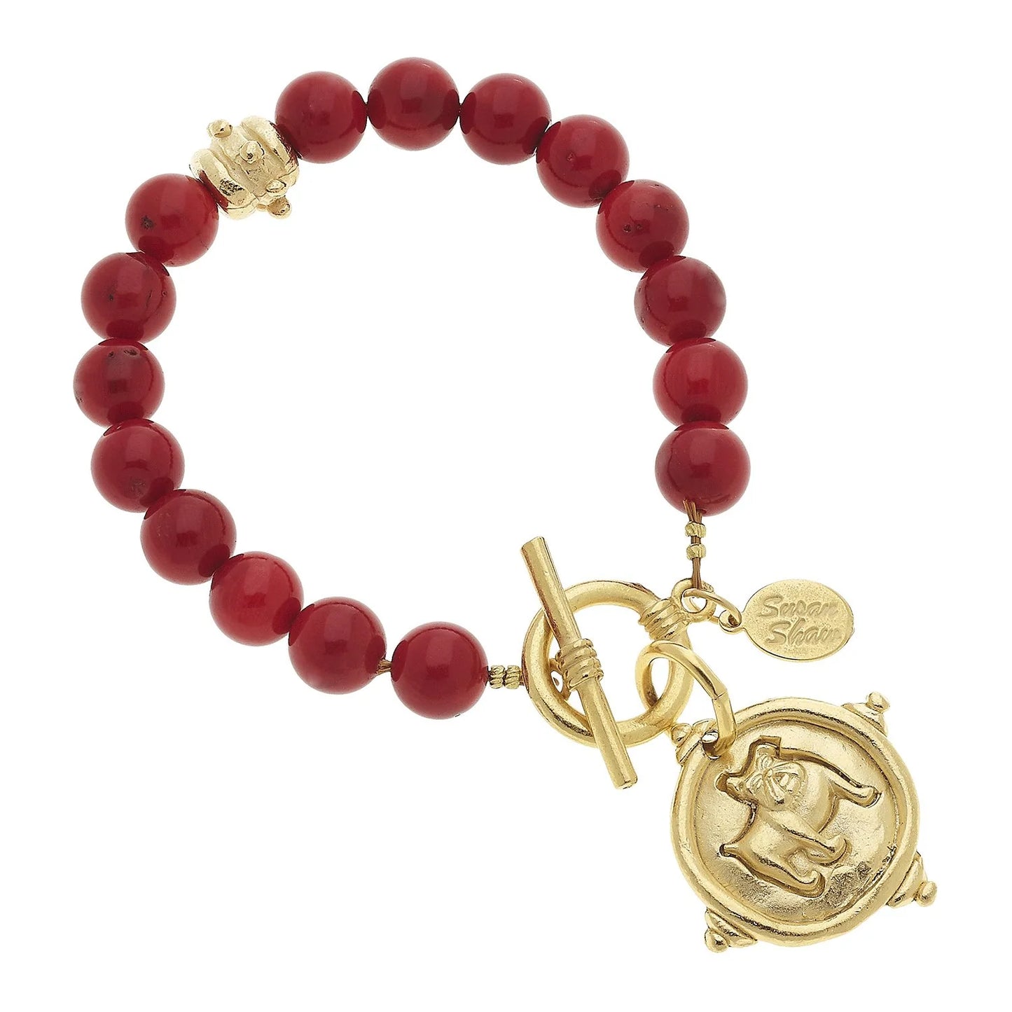 Susan Shaw Gold Bulldog & Red Coral Beads Bracelet