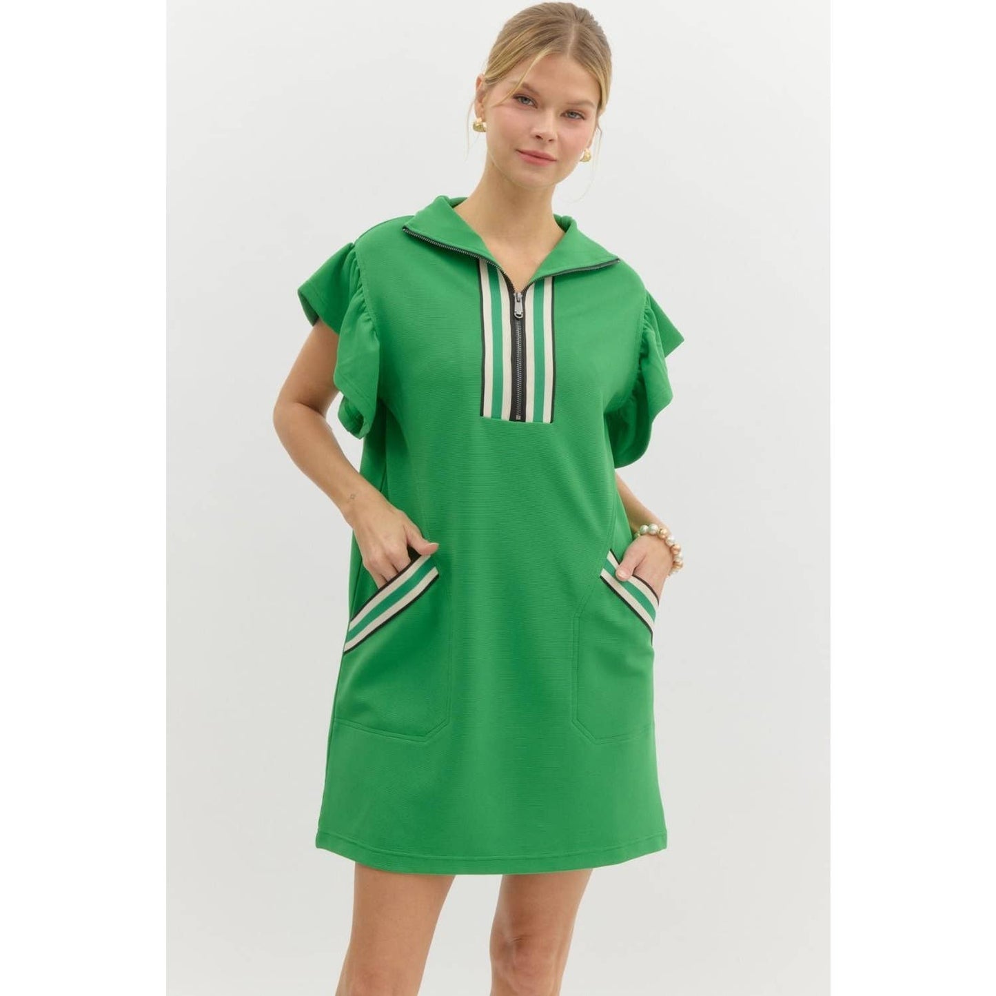 Solid Half-Zip Collared Flutter Sleeve Mini Dress with Multicolor Band