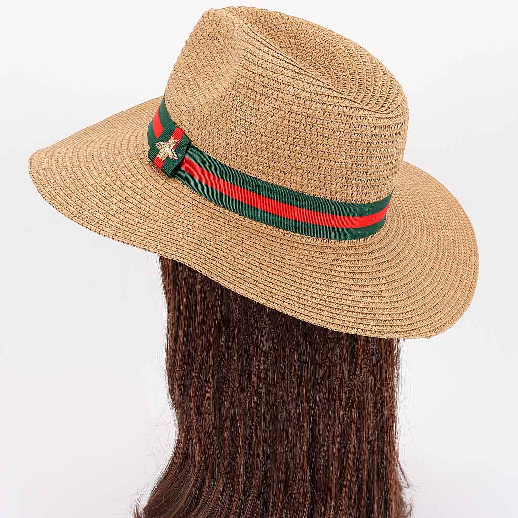 Faux Straw Fedora Hat with Bee Detail