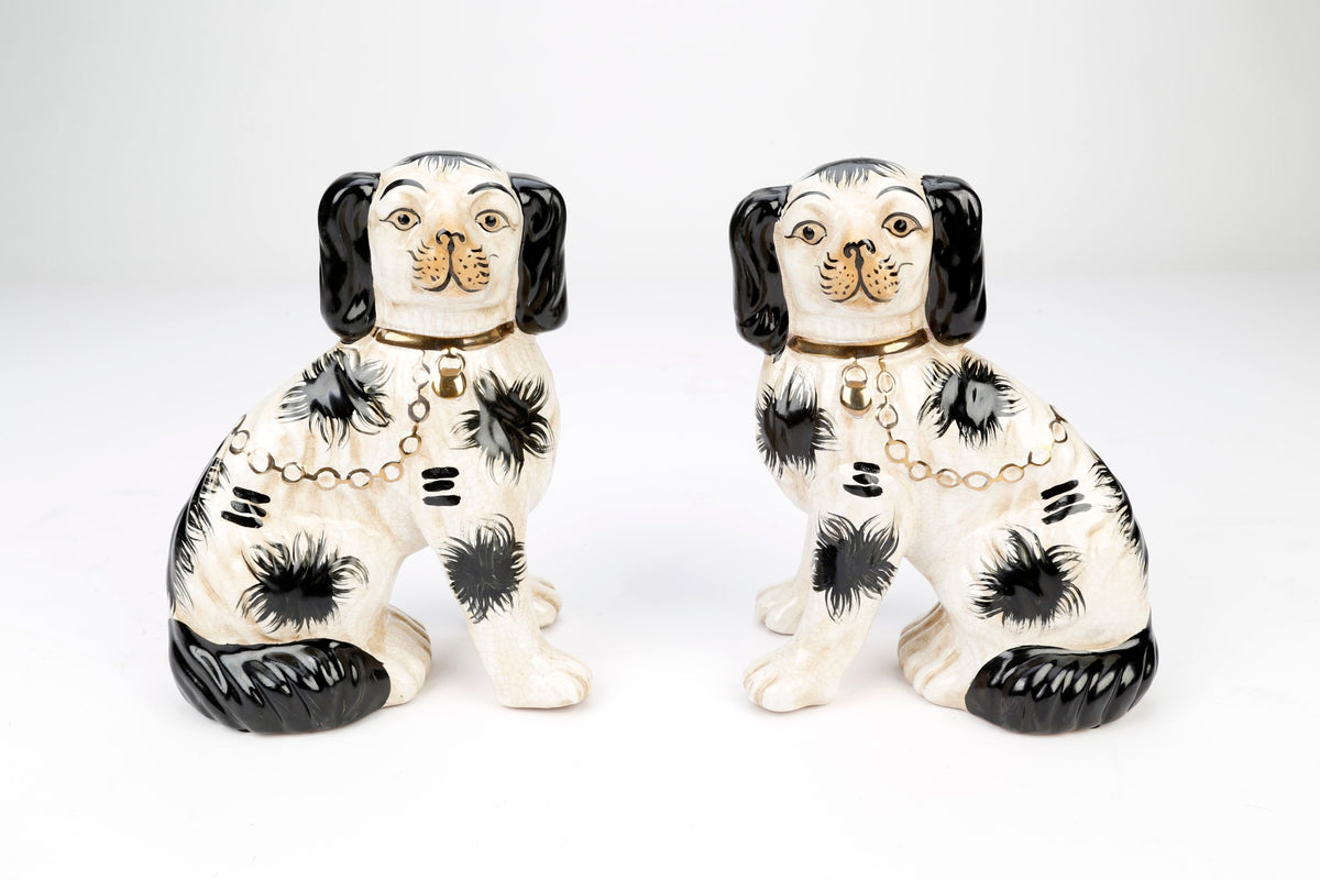 Black & Cream Staffordshire Dog Figurine Set with Gold Collar
