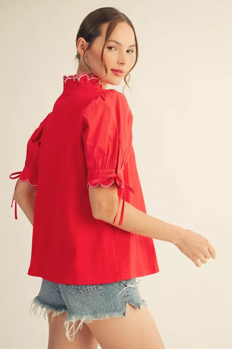 Scalloped Trim Puff Sleeve Top – Red