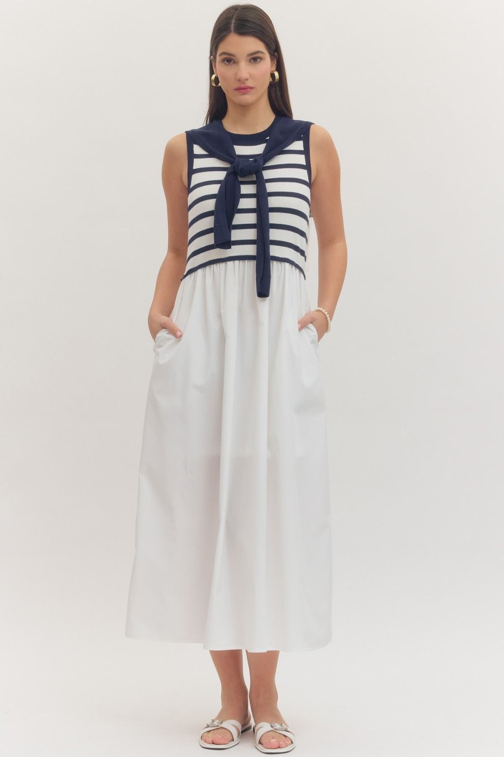 Striped Sleeveless Midi Dress with Sweater Overlay Detail
