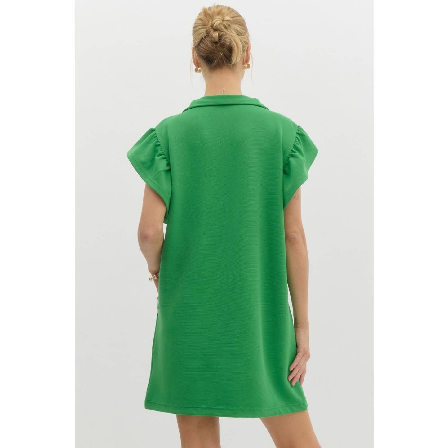 Solid Half-Zip Collared Flutter Sleeve Mini Dress with Multicolor Band