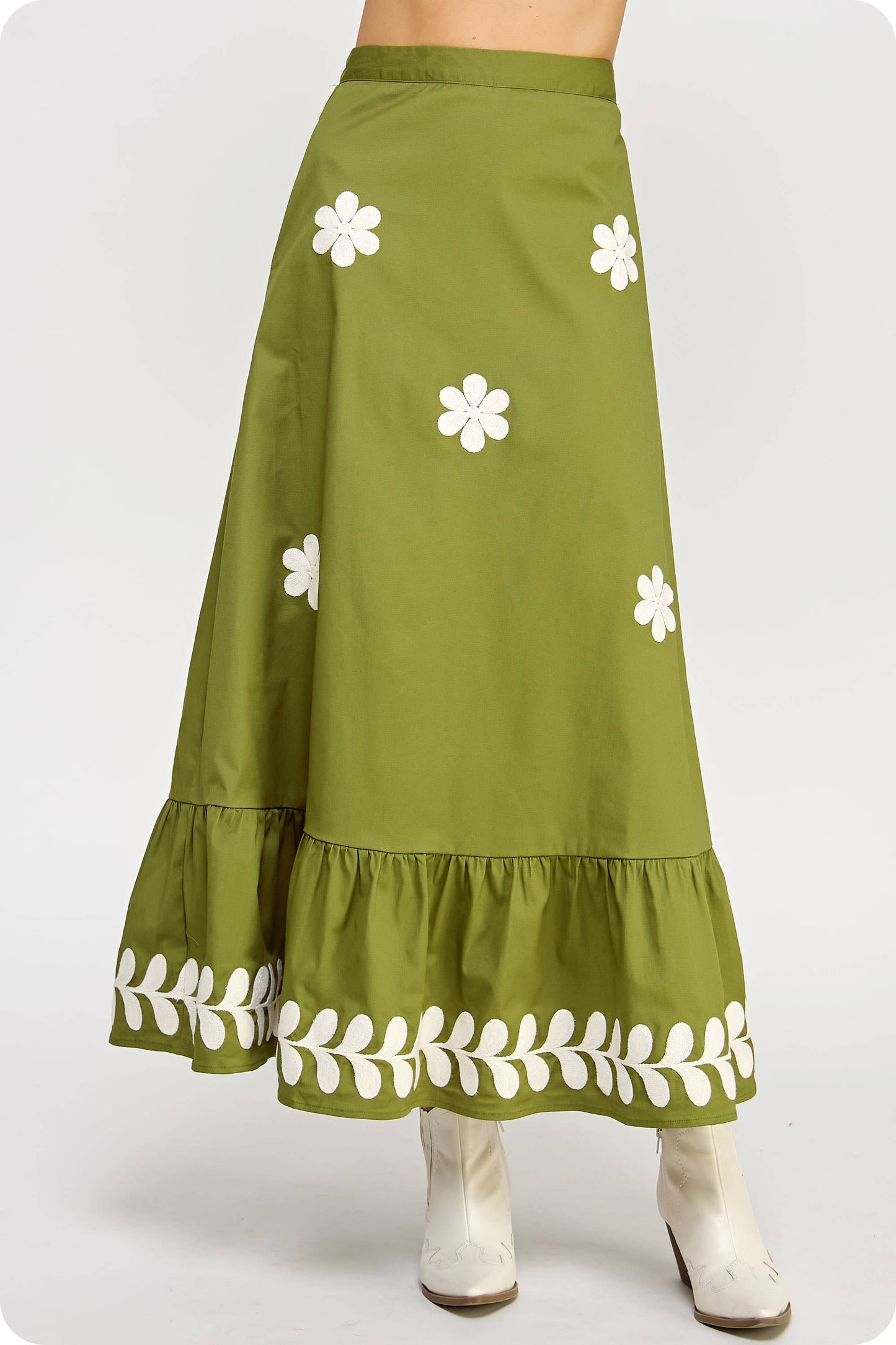 Embroidered Ruffled Midi Skirt: Olive