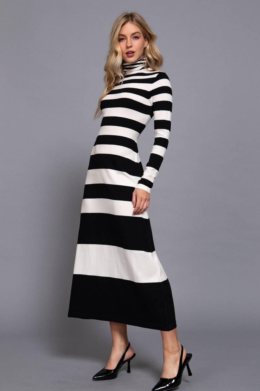 Timeless Long Sleeve Turtle Neck Rugby Stripe Maxi Dress