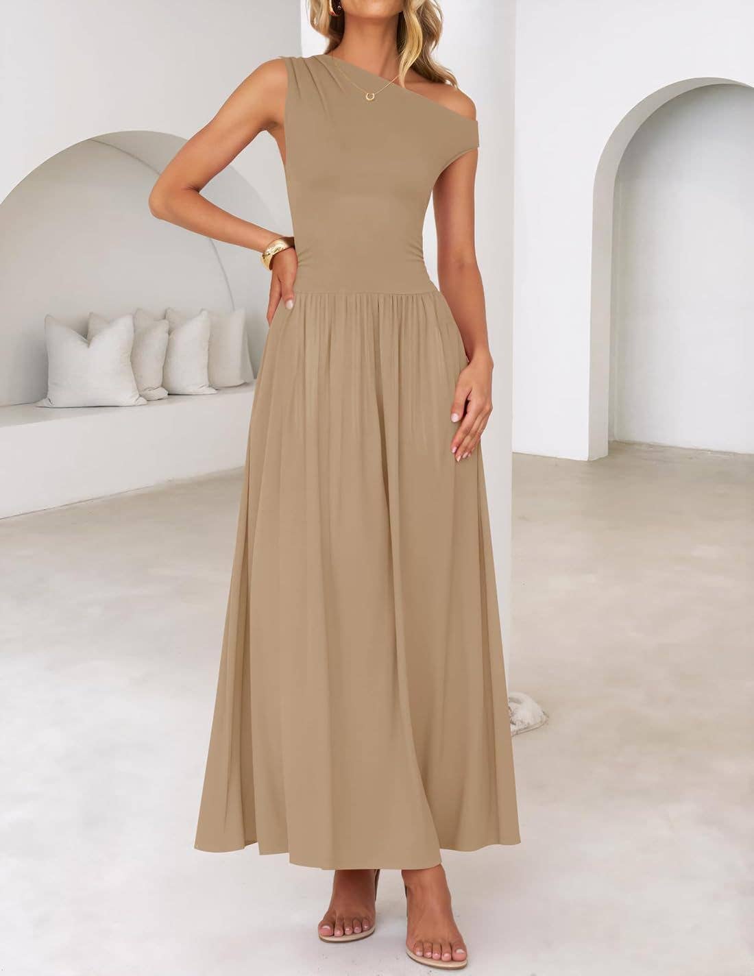 Slim Fit Sleeveless Off Shoulder Pocket Maxi Dress Khaki / M Slim Fit Sleeveless Off Shoulder Pocket Maxi Dress Khaki / M