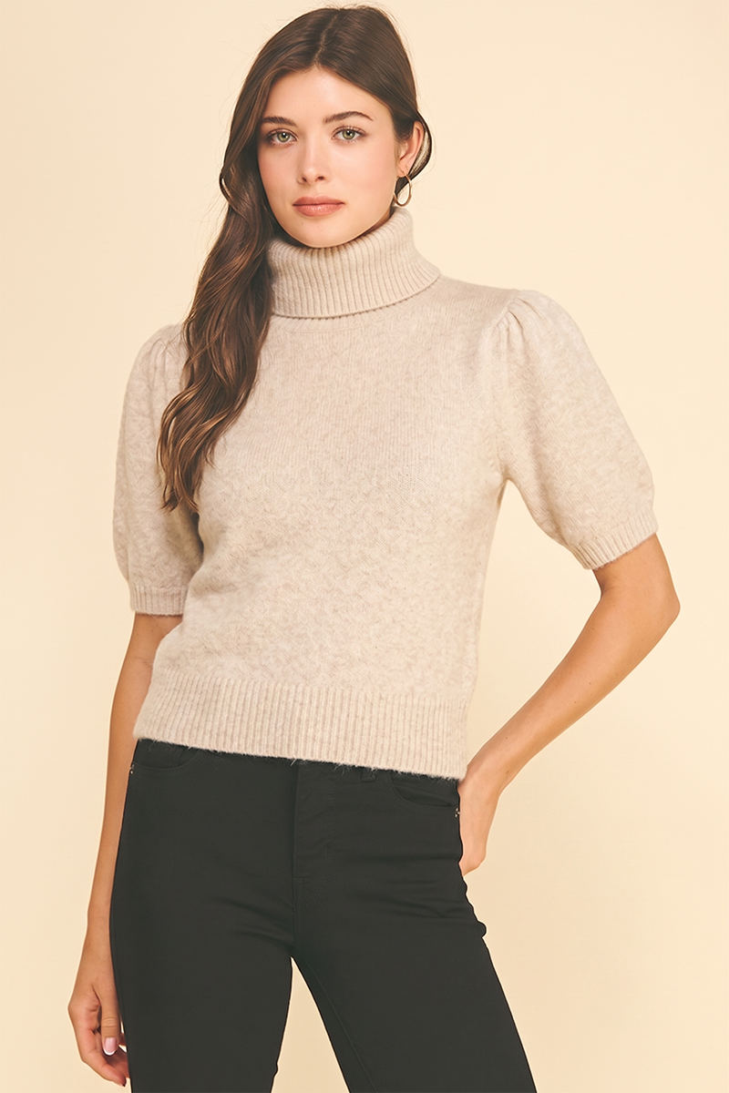 TURTLE NECK PUFFED SLEEVE KNIT SWEATER