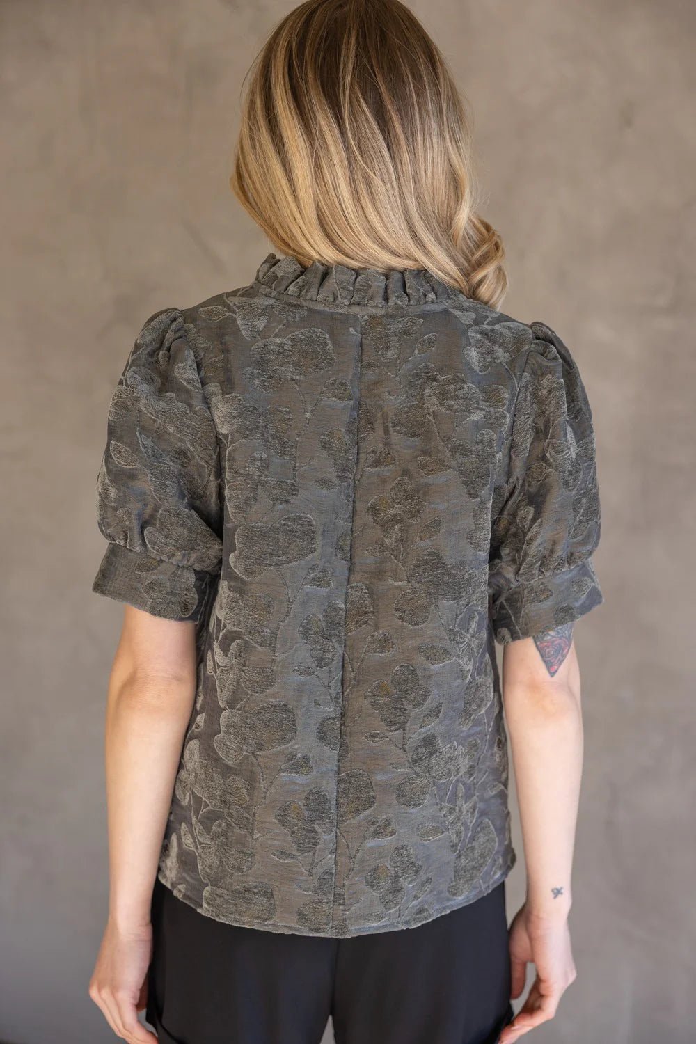 Ruffled V Neckline Floral Velvet Top- Charcoal