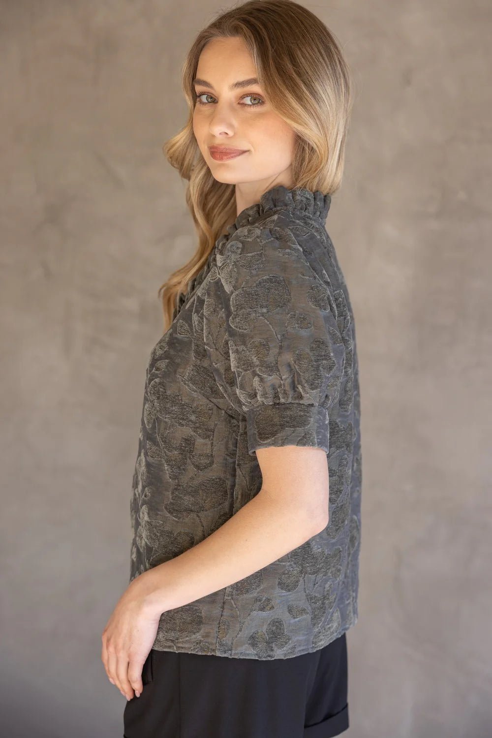 Ruffled V Neckline Floral Velvet Top- Charcoal