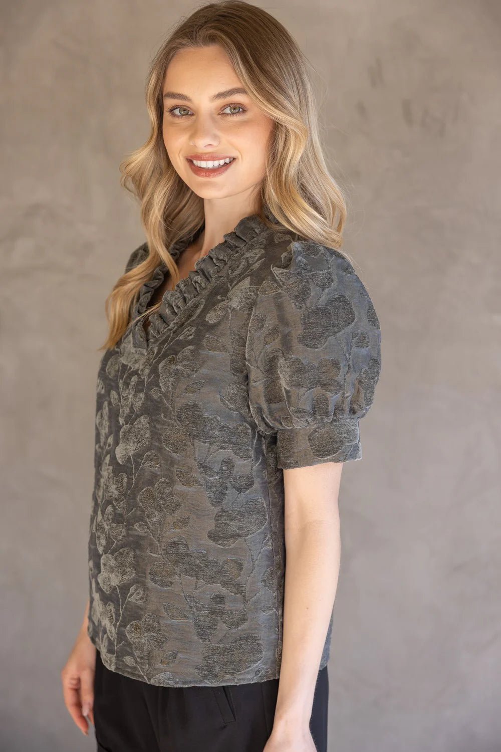 Ruffled V Neckline Floral Velvet Top- Charcoal